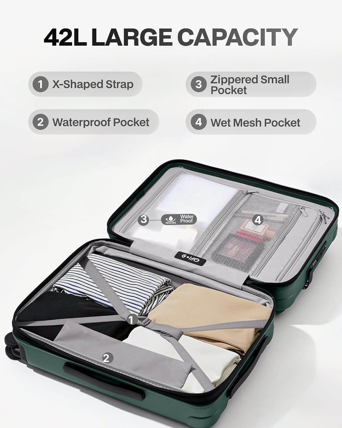 image:imageCoolife Expandable Luggage with TSA Lock 2 Piece Set Black Suitcase Set with 360 SmoothRolling Dual SpinnerDurable Hardshell SuitcasesReinforced Bottom GrooveGreen