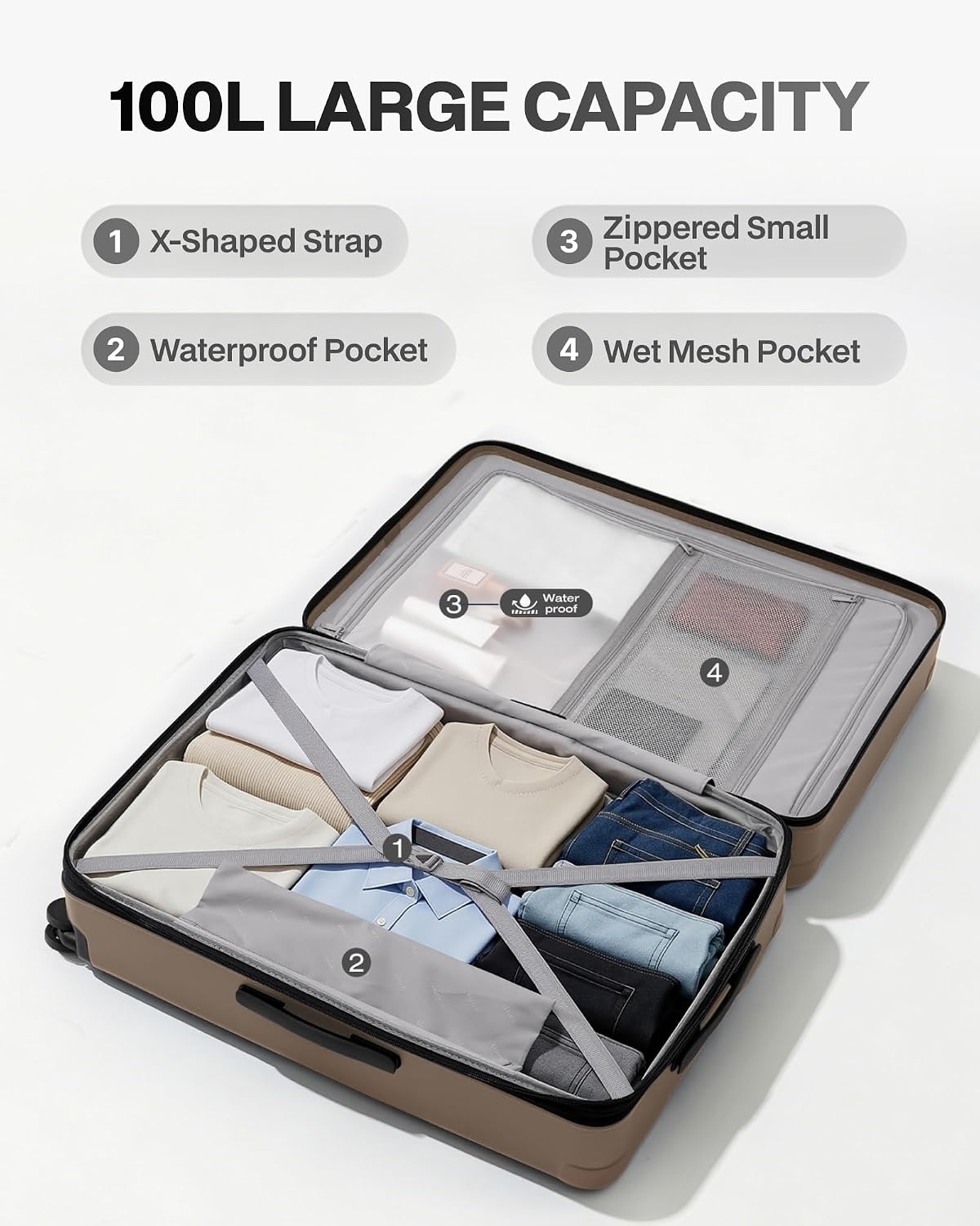 image:imageCoolife Expandable Luggage with TSA Lock 2 Piece Set Black Suitcase Set with 360 SmoothRolling Dual SpinnerDurable Hardshell SuitcasesReinforced Bottom GrooveApricot