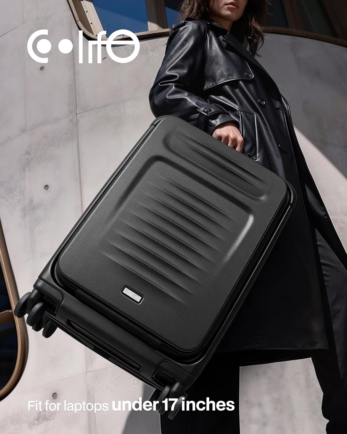 image:imageCoolife Expandable Luggage with TSA Lock 2 Piece Set Black Suitcase Set with 360 SmoothRolling Dual SpinnerDurable Hardshell SuitcasesReinforced Bottom GrooveBlack