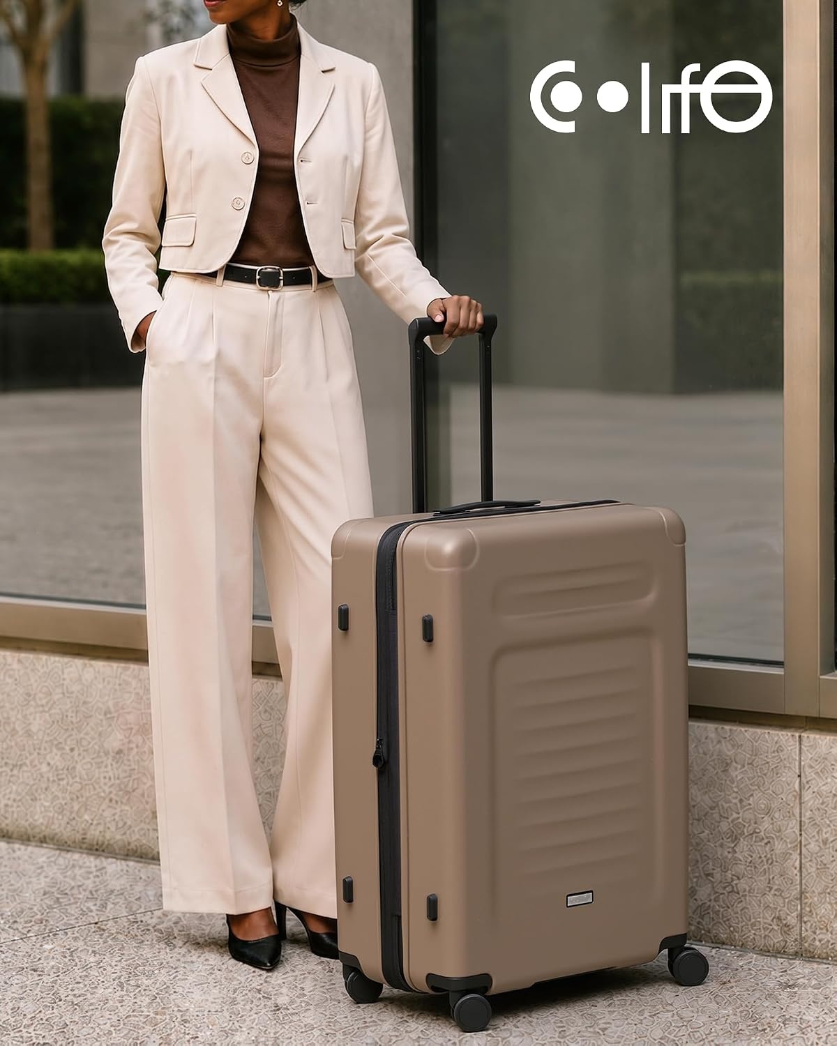 image:imageCoolife Expandable Luggage with TSA Lock 2 Piece Set Black Suitcase Set with 360 SmoothRolling Dual SpinnerDurable Hardshell SuitcasesReinforced Bottom GrooveApricot