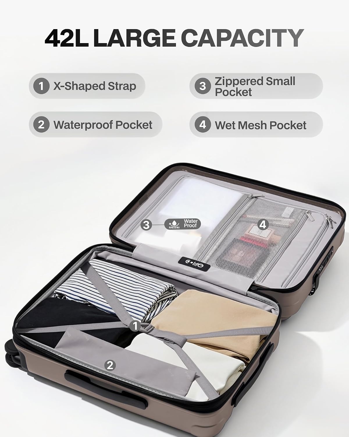 image:imageCoolife Expandable Luggage with TSA Lock 2 Piece Set Black Suitcase Set with 360 SmoothRolling Dual SpinnerDurable Hardshell SuitcasesReinforced Bottom GrooveApricot