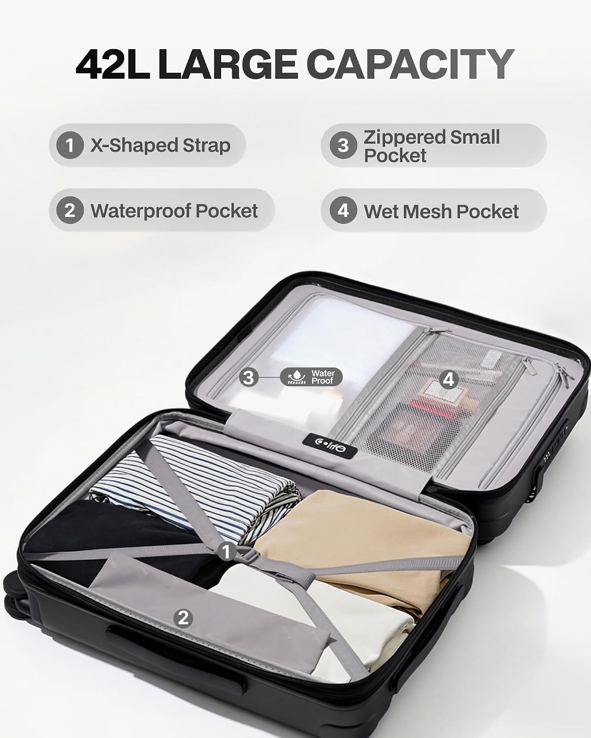 image:imageCoolife Expandable Luggage with TSA Lock 2 Piece Set Black Suitcase Set with 360 SmoothRolling Dual SpinnerDurable Hardshell SuitcasesReinforced Bottom GrooveBlack