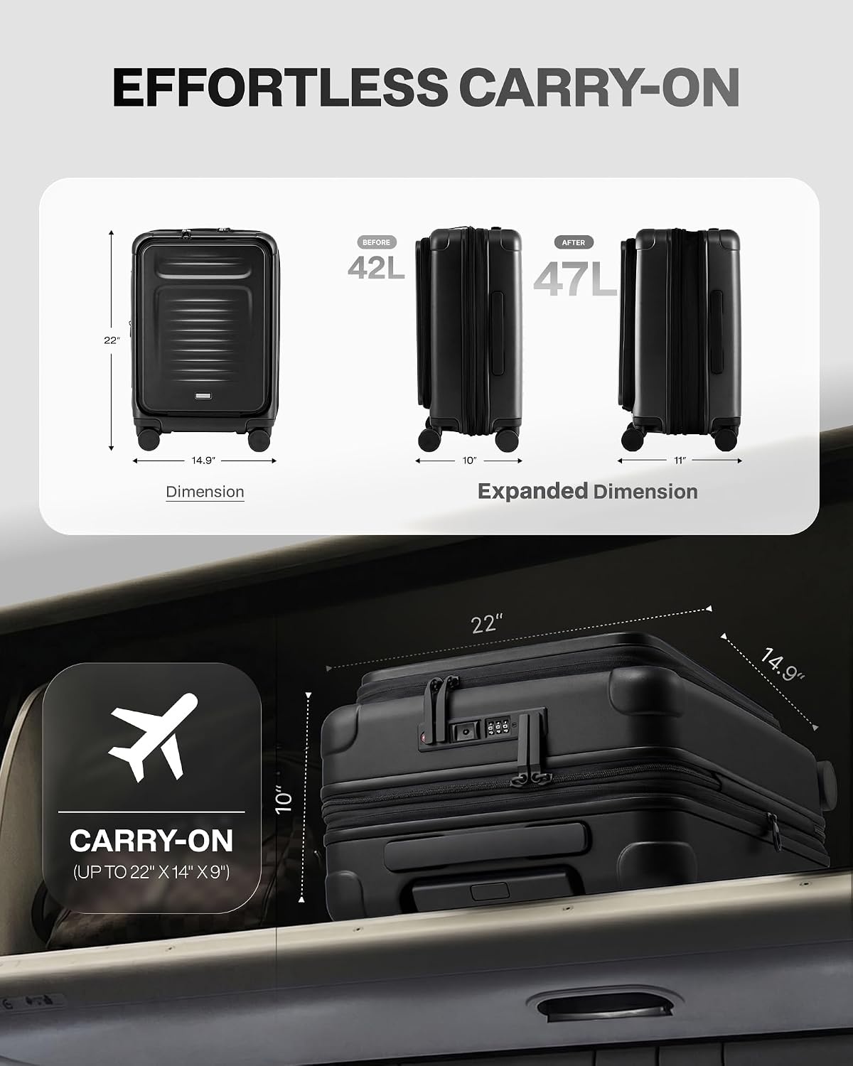 image:imageCoolife Expandable Luggage with TSA Lock 2 Piece Set Black Suitcase Set with 360 SmoothRolling Dual SpinnerDurable Hardshell SuitcasesReinforced Bottom GrooveBlack