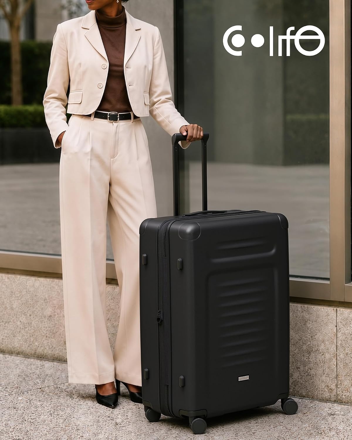 image:imageCoolife Expandable Luggage with TSA Lock 2 Piece Set Black Suitcase Set with 360 SmoothRolling Dual SpinnerDurable Hardshell SuitcasesReinforced Bottom GrooveBlack