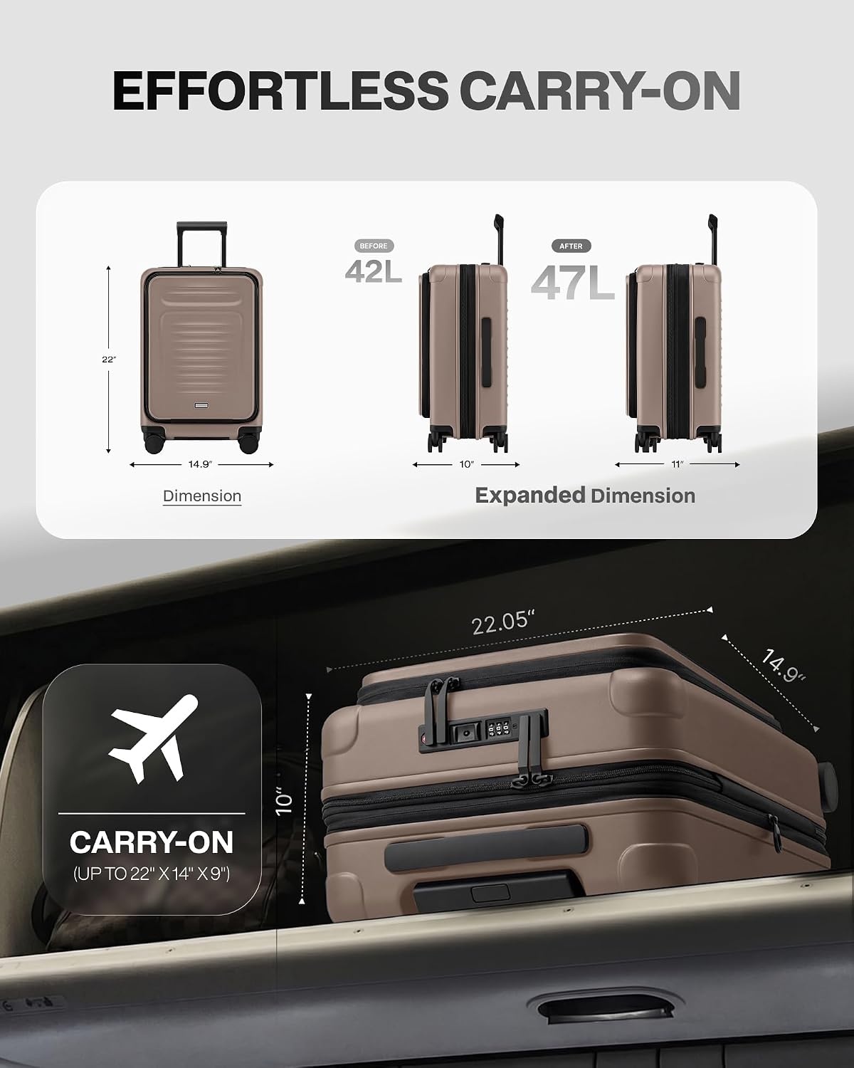 image:imageCoolife Expandable Luggage with TSA Lock 2 Piece Set Black Suitcase Set with 360 SmoothRolling Dual SpinnerDurable Hardshell SuitcasesReinforced Bottom GrooveApricot
