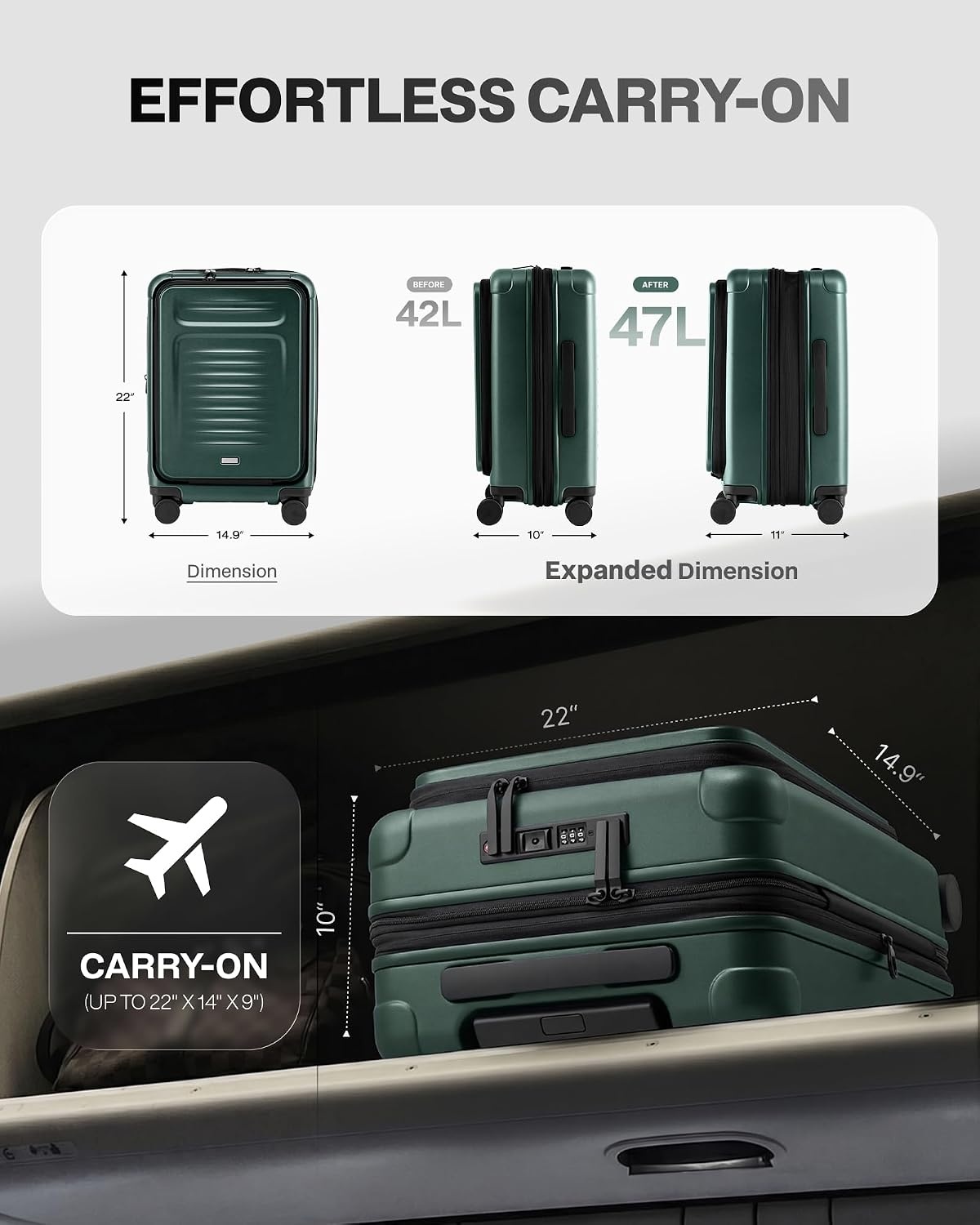 image:imageCoolife Expandable Luggage with TSA Lock 2 Piece Set Black Suitcase Set with 360 SmoothRolling Dual SpinnerDurable Hardshell SuitcasesReinforced Bottom GrooveGreen