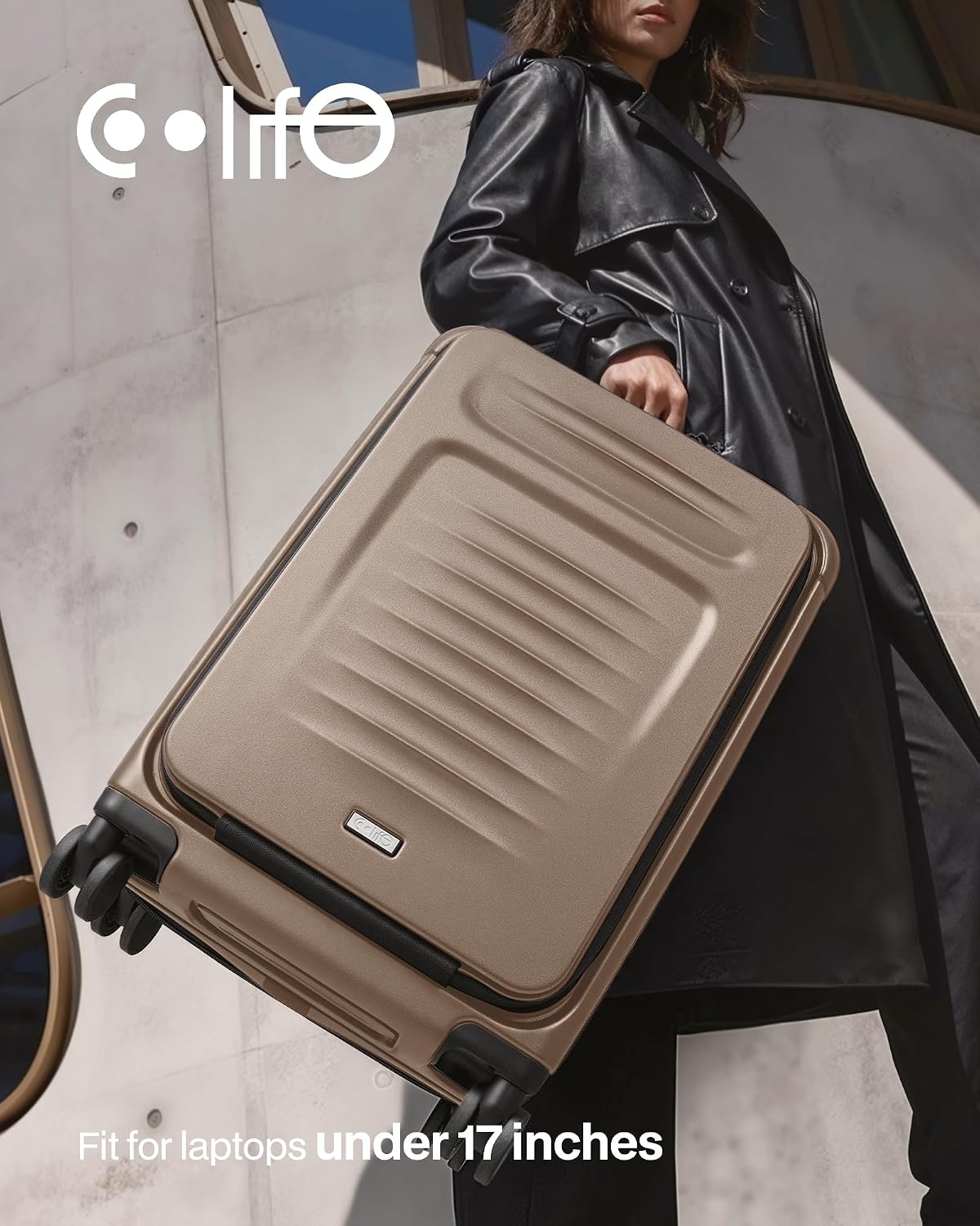 image:imageCoolife Expandable Luggage with TSA Lock 2 Piece Set Black Suitcase Set with 360 SmoothRolling Dual SpinnerDurable Hardshell SuitcasesReinforced Bottom GrooveApricot
