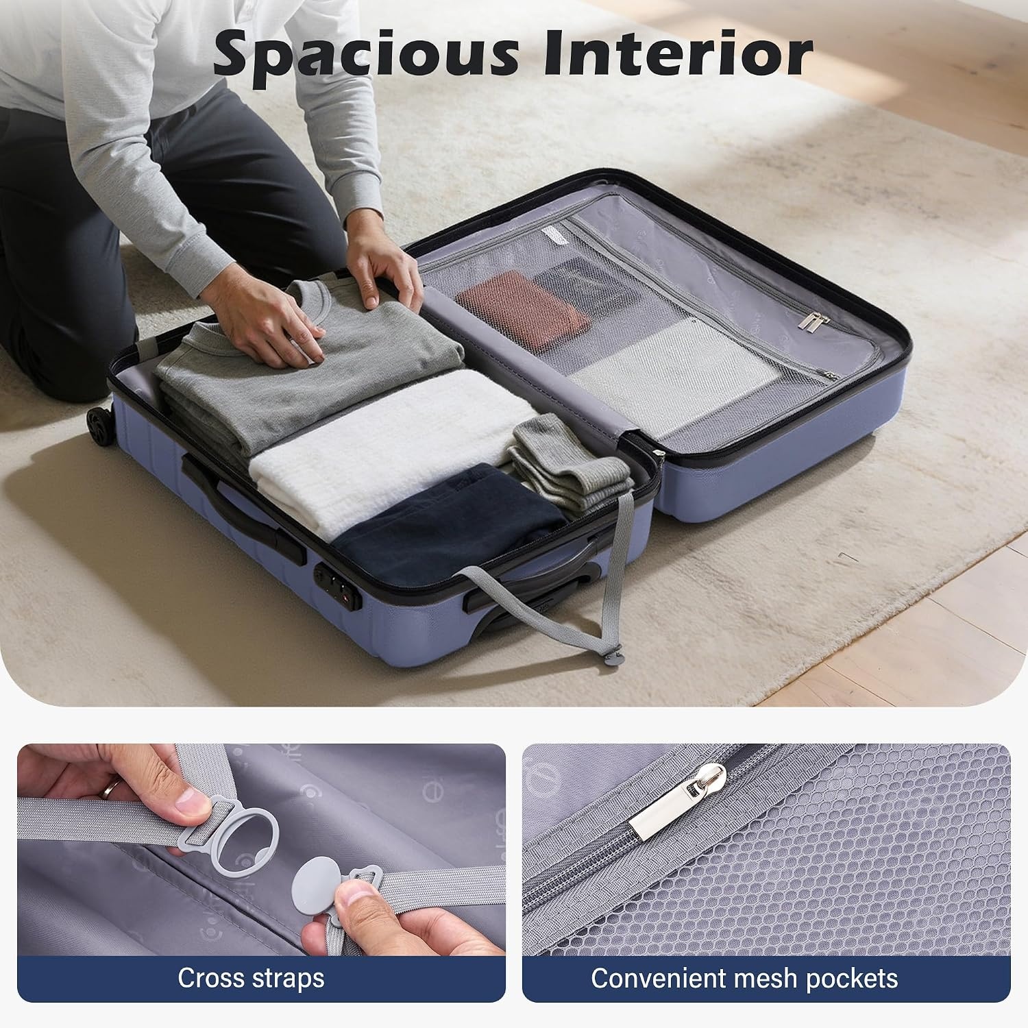 image:imageCoolife Lightweight Luggage with TSA LockMedium Checked Gray Durable Hard Shell Suitcase for Travel360 SmoothRolling Dual Spinner WheelsBlue