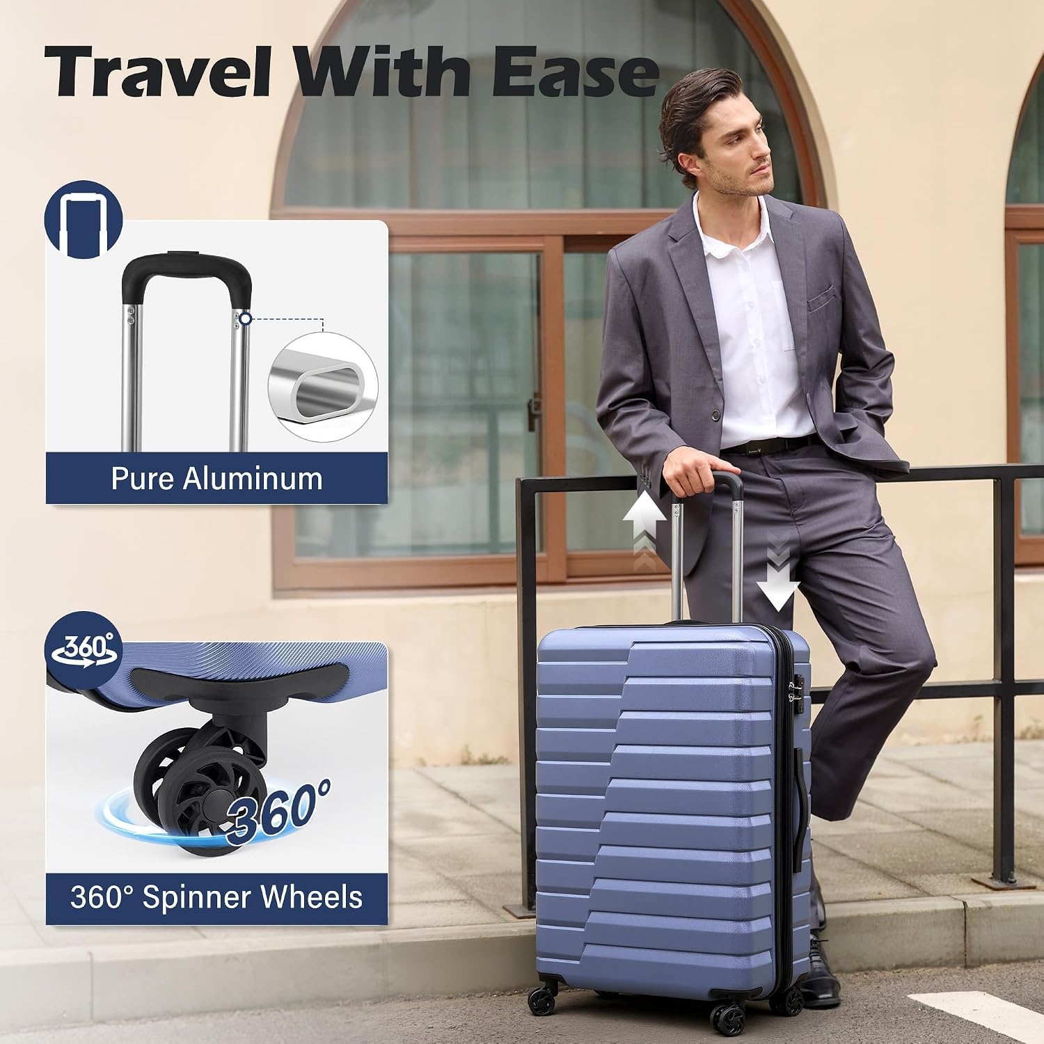 image:imageCoolife Lightweight Luggage with TSA LockMedium Checked Gray Durable Hard Shell Suitcase for Travel360 SmoothRolling Dual Spinner WheelsBlue