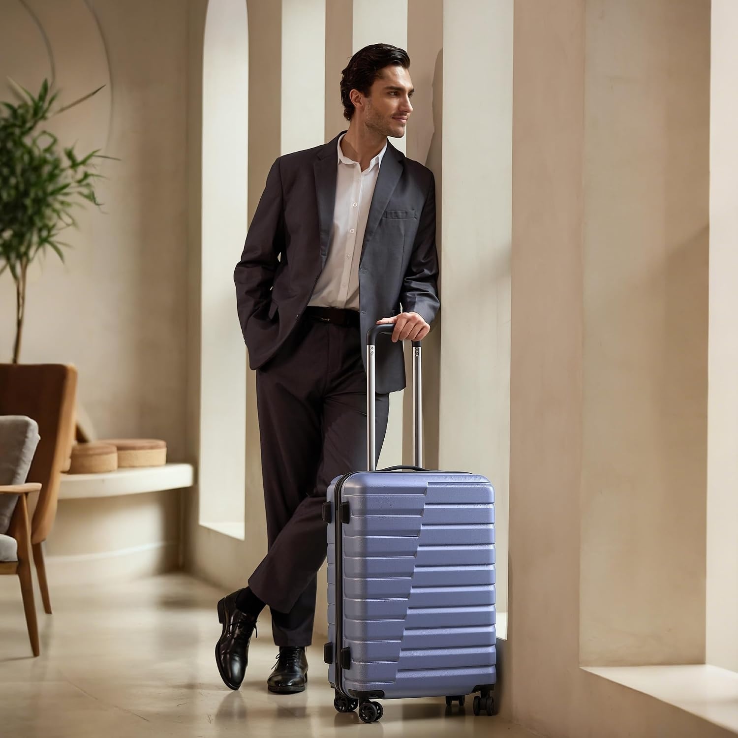 image:imageCoolife Lightweight Luggage with TSA LockMedium Checked Gray Durable Hard Shell Suitcase for Travel360 SmoothRolling Dual Spinner WheelsBlue