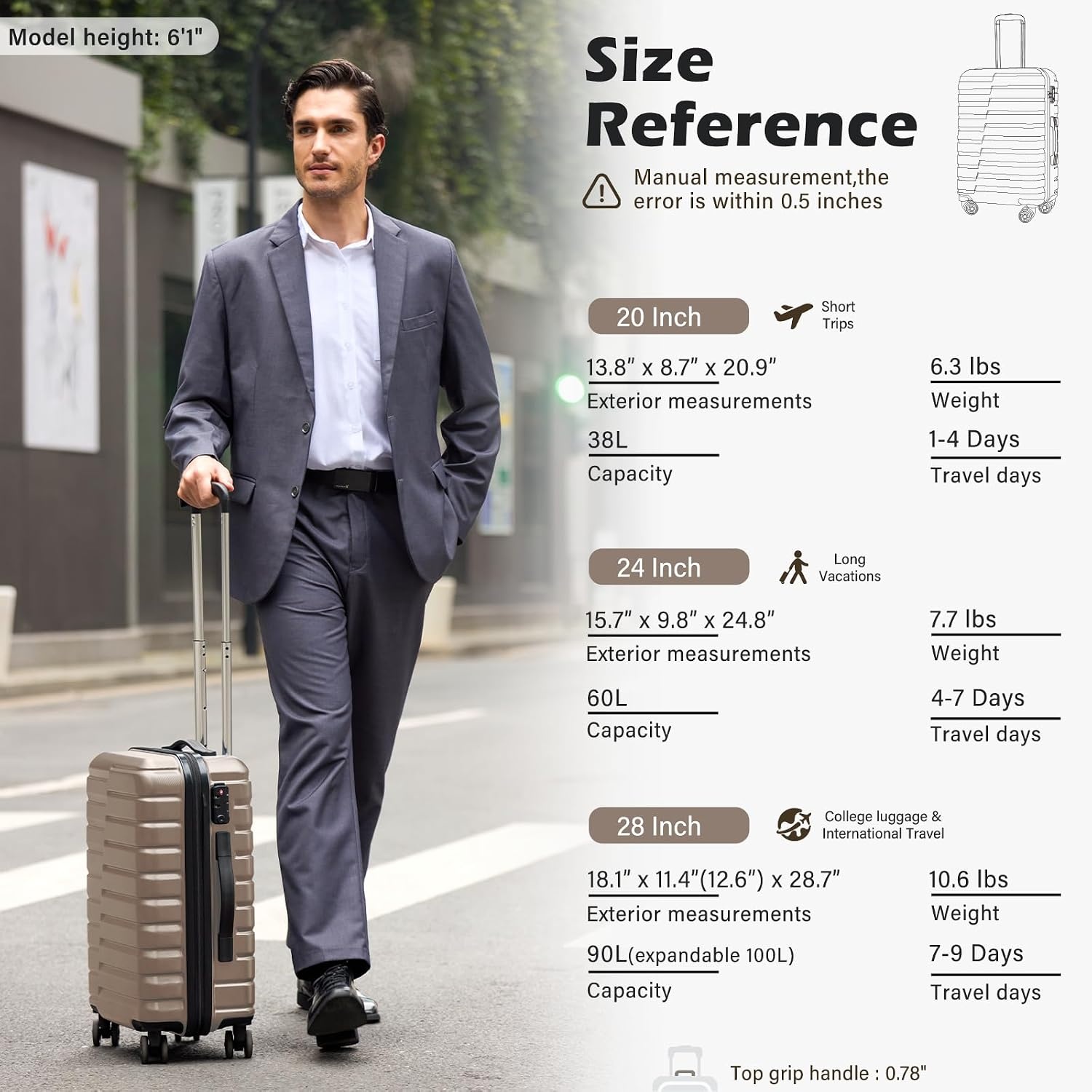 image:imageCoolife Lightweight Luggage with TSA LockMedium Checked Gray Durable Hard Shell Suitcase for Travel360 SmoothRolling Dual Spinner WheelsBrown