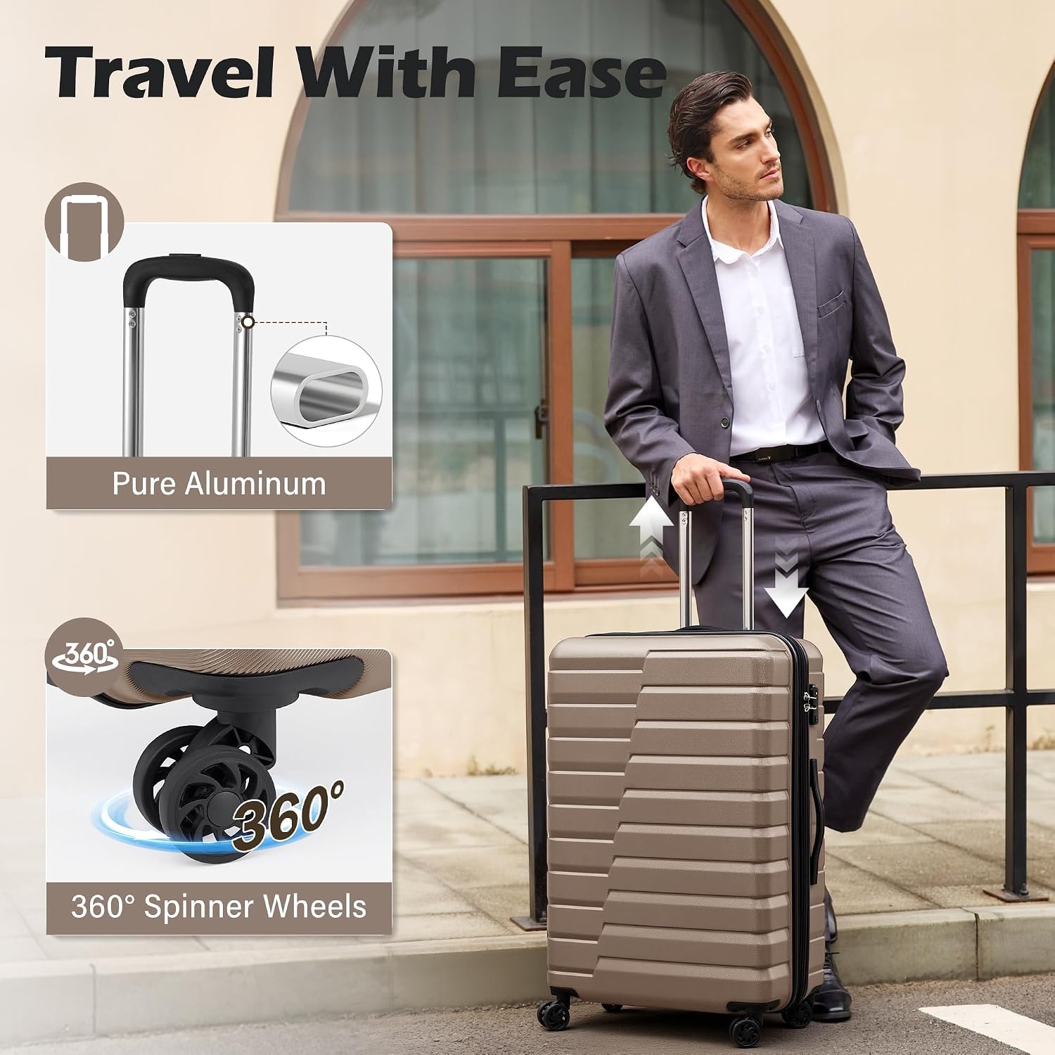 image:imageCoolife Lightweight Luggage with TSA LockMedium Checked Gray Durable Hard Shell Suitcase for Travel360 SmoothRolling Dual Spinner WheelsBrown