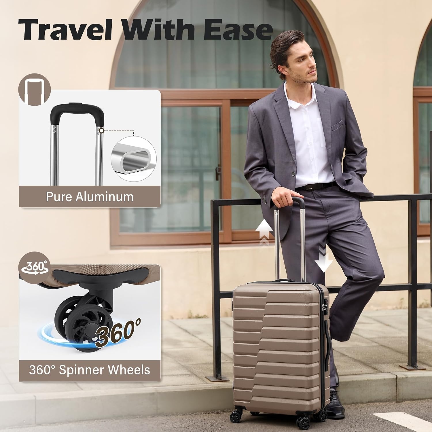 image:imageCoolife Lightweight Luggage with TSA LockMedium Checked Gray Durable Hard Shell Suitcase for Travel360 SmoothRolling Dual Spinner WheelsBrown