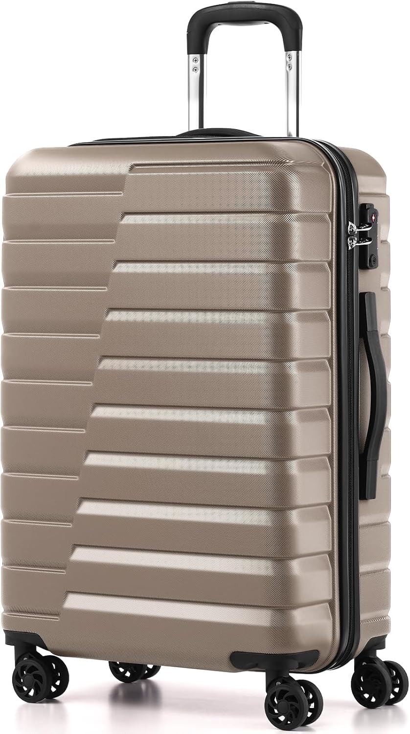 image:imageCoolife Lightweight Luggage with TSA LockMedium Checked Gray Durable Hard Shell Suitcase for Travel360 SmoothRolling Dual Spinner WheelsBrown