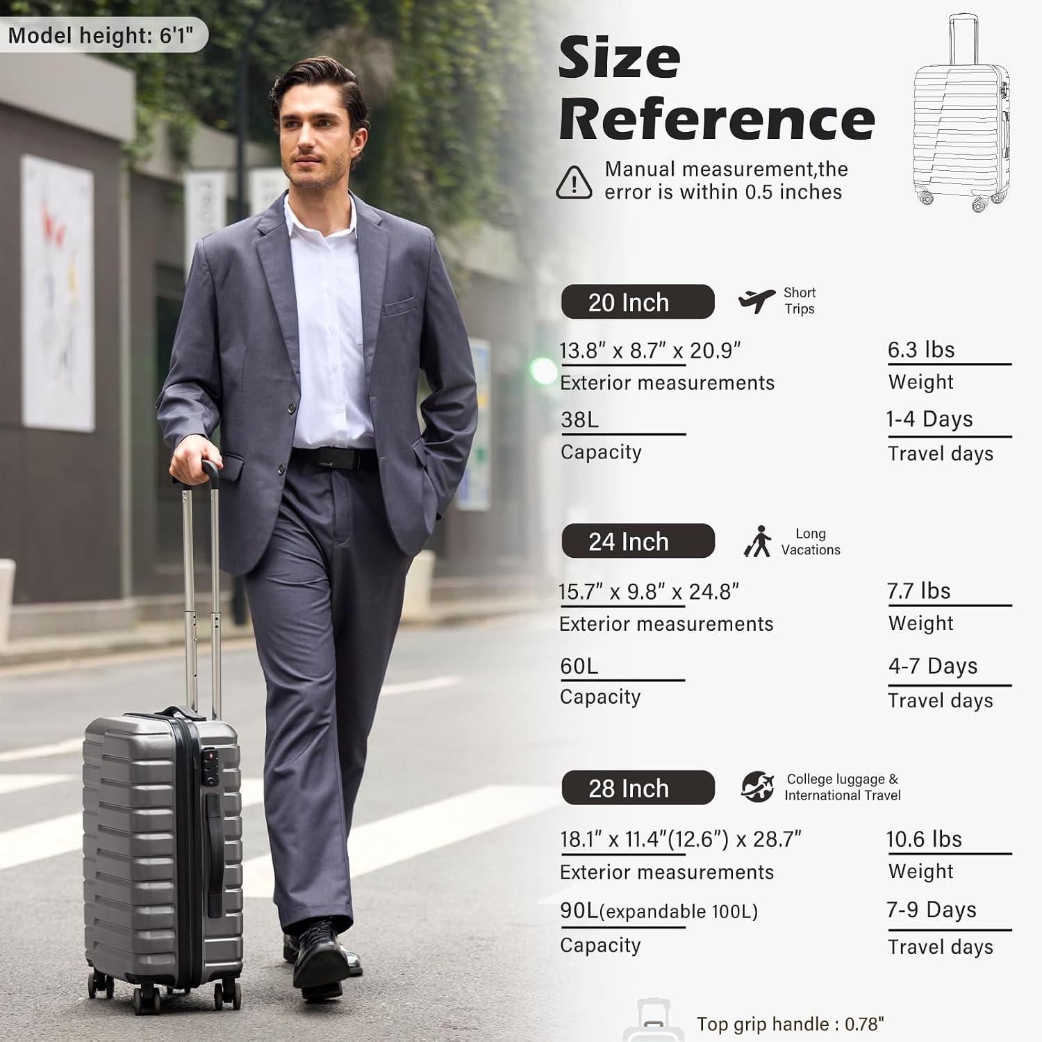 image:imageCoolife Lightweight Luggage with TSA LockMedium Checked Gray Durable Hard Shell Suitcase for Travel360 SmoothRolling Dual Spinner WheelsGray