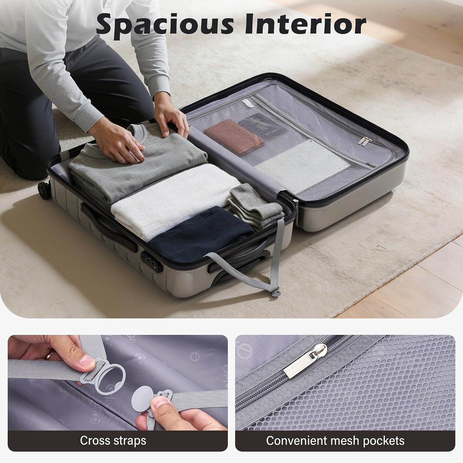 image:imageCoolife Lightweight Luggage with TSA LockMedium Checked Gray Durable Hard Shell Suitcase for Travel360 SmoothRolling Dual Spinner WheelsGray