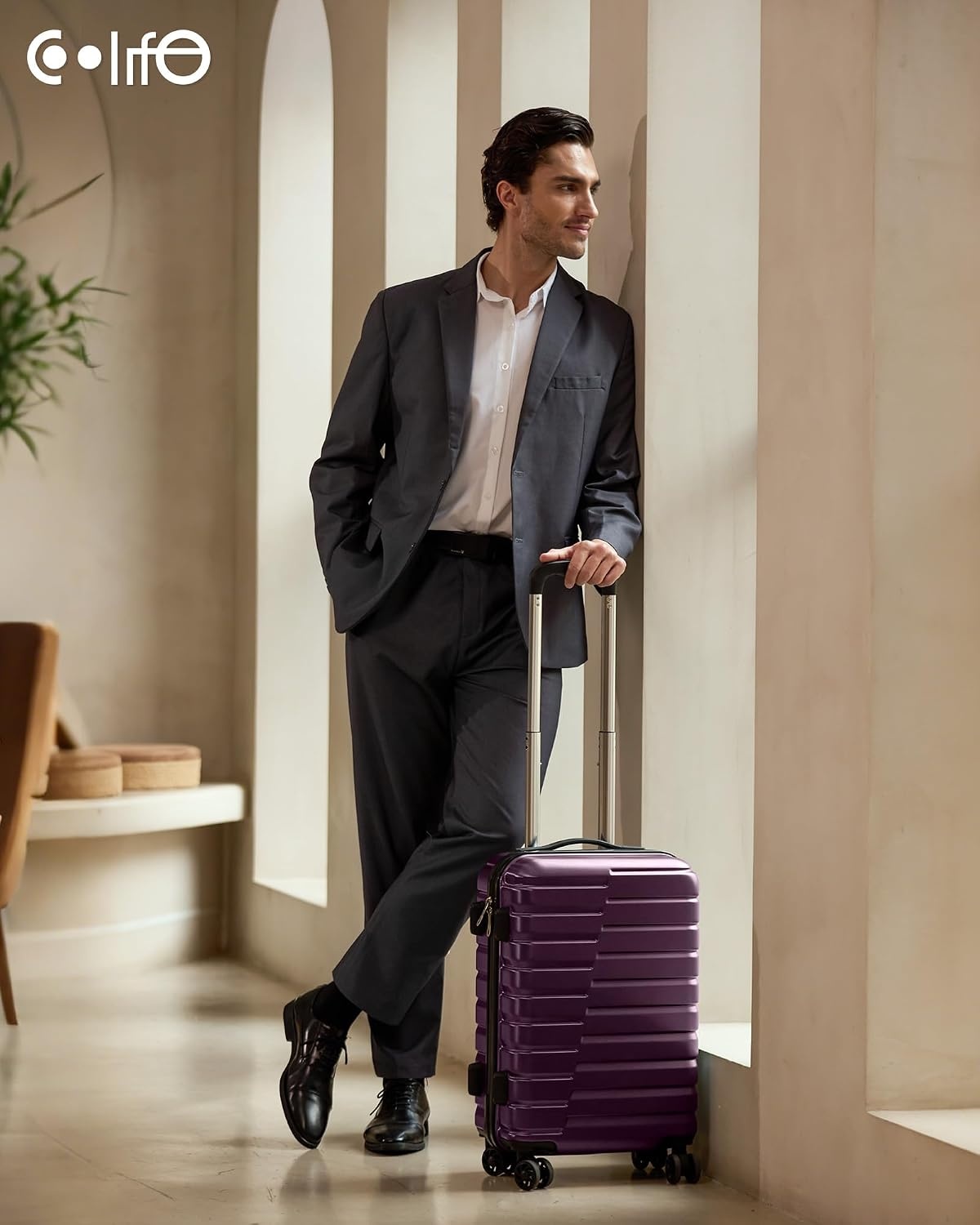 image:imageCoolife Lightweight Luggage with TSA LockMedium Checked Gray Durable Hard Shell Suitcase for Travel360 SmoothRolling Dual Spinner WheelsPurple
