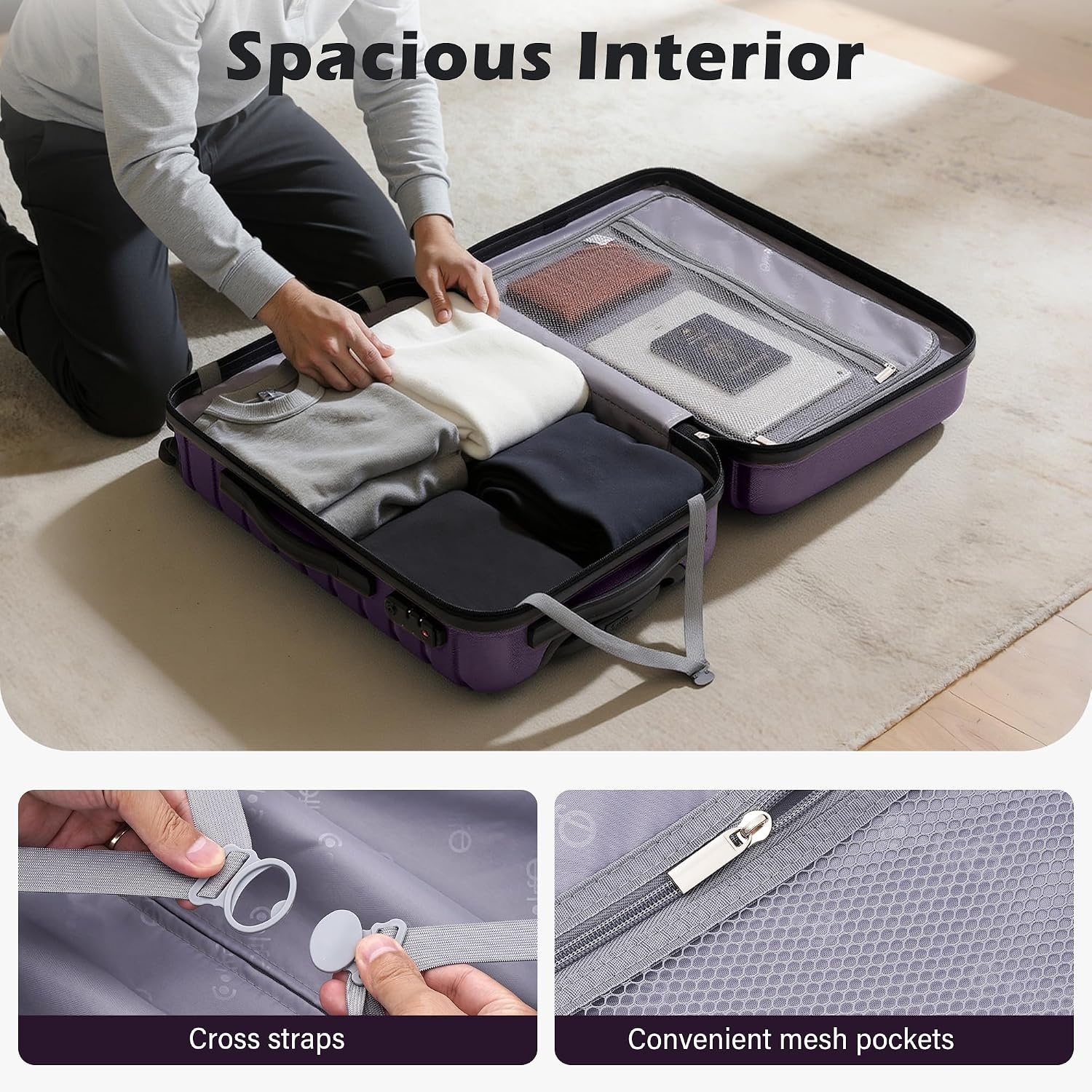 image:imageCoolife Lightweight Luggage with TSA LockMedium Checked Gray Durable Hard Shell Suitcase for Travel360 SmoothRolling Dual Spinner WheelsPurple