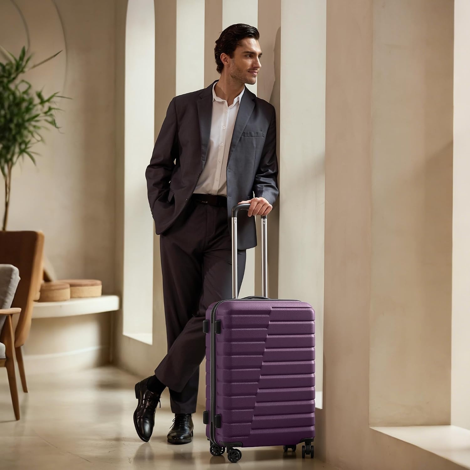 image:imageCoolife Lightweight Luggage with TSA LockMedium Checked Gray Durable Hard Shell Suitcase for Travel360 SmoothRolling Dual Spinner WheelsPurple