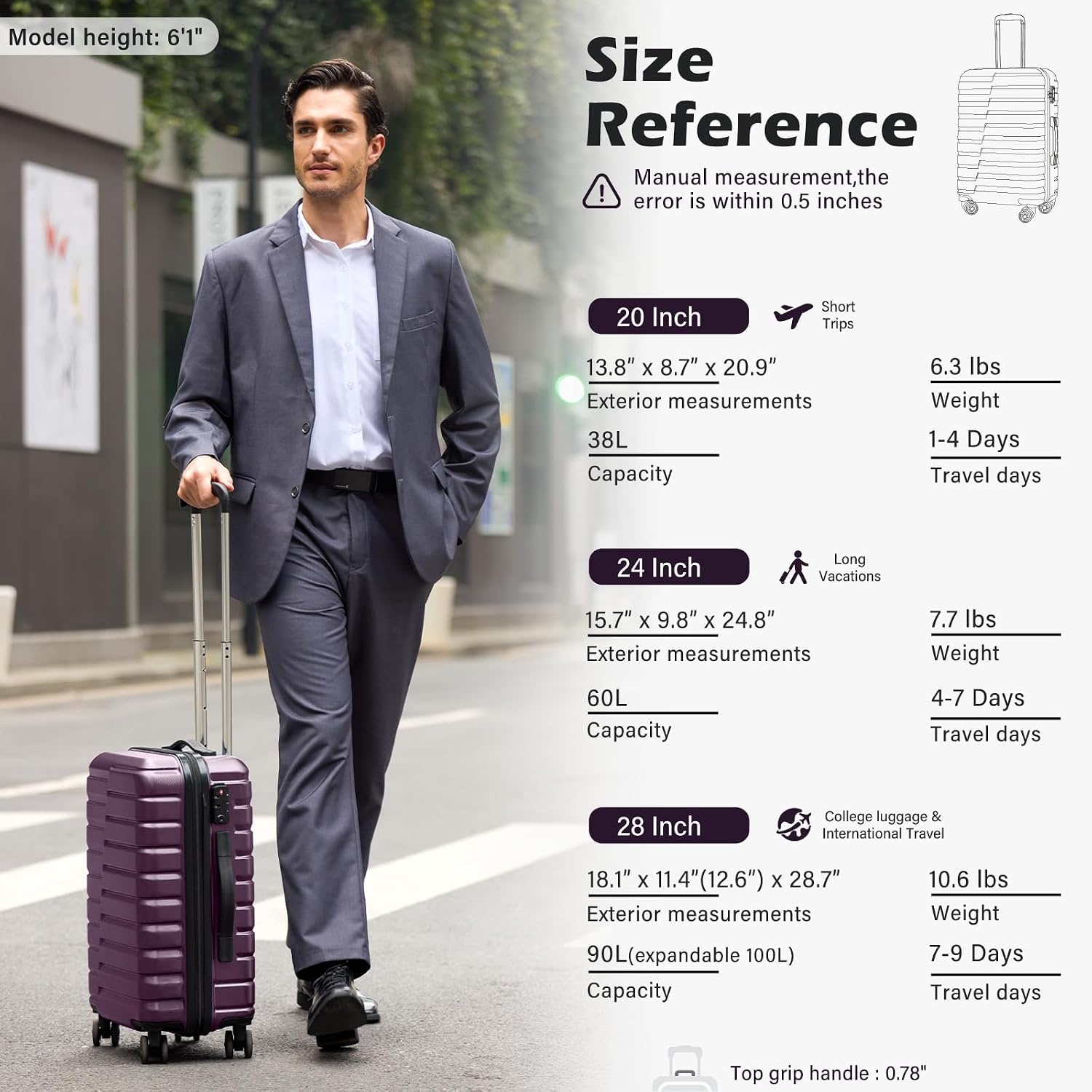 image:imageCoolife Lightweight Luggage with TSA LockMedium Checked Gray Durable Hard Shell Suitcase for Travel360 SmoothRolling Dual Spinner WheelsPurple