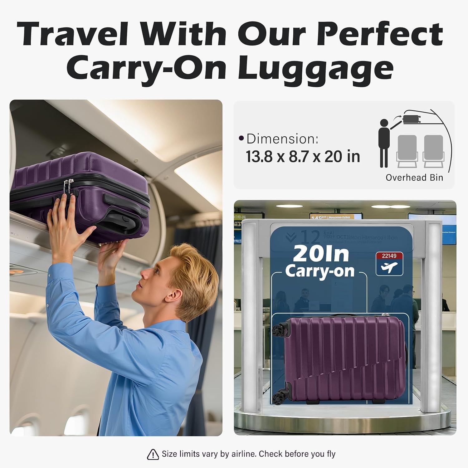 image:imageCoolife Lightweight Luggage with TSA LockMedium Checked Gray Durable Hard Shell Suitcase for Travel360 SmoothRolling Dual Spinner WheelsPurple
