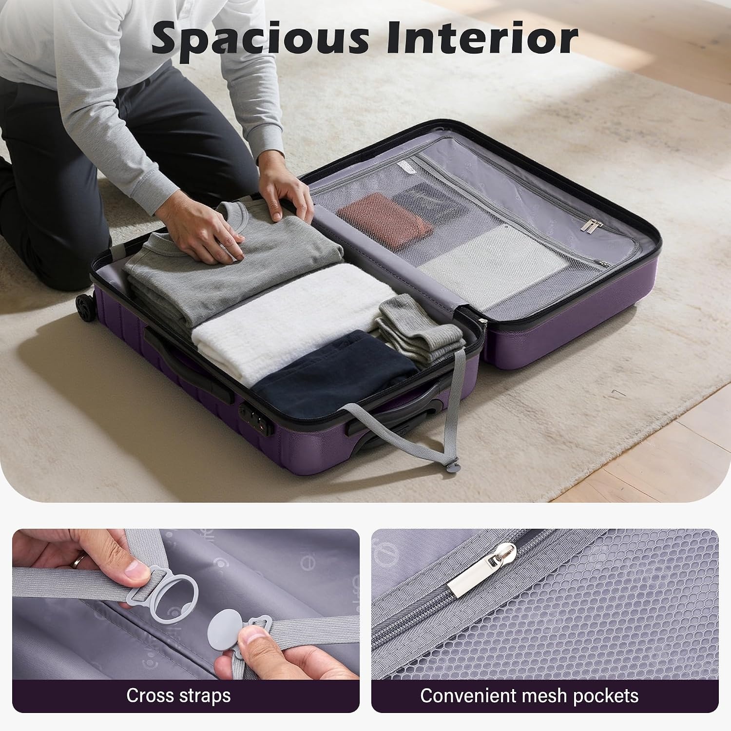 image:imageCoolife Lightweight Luggage with TSA LockMedium Checked Gray Durable Hard Shell Suitcase for Travel360 SmoothRolling Dual Spinner WheelsPurple