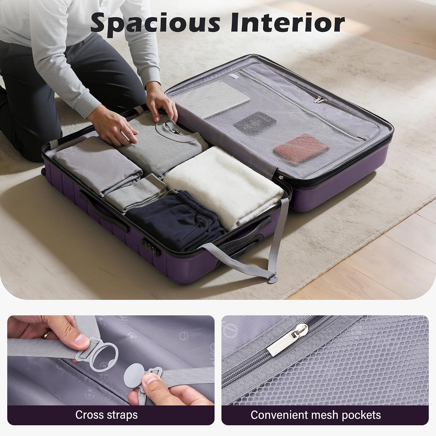 image:imageCoolife Lightweight Luggage with TSA LockMedium Checked Gray Durable Hard Shell Suitcase for Travel360 SmoothRolling Dual Spinner WheelsPurple