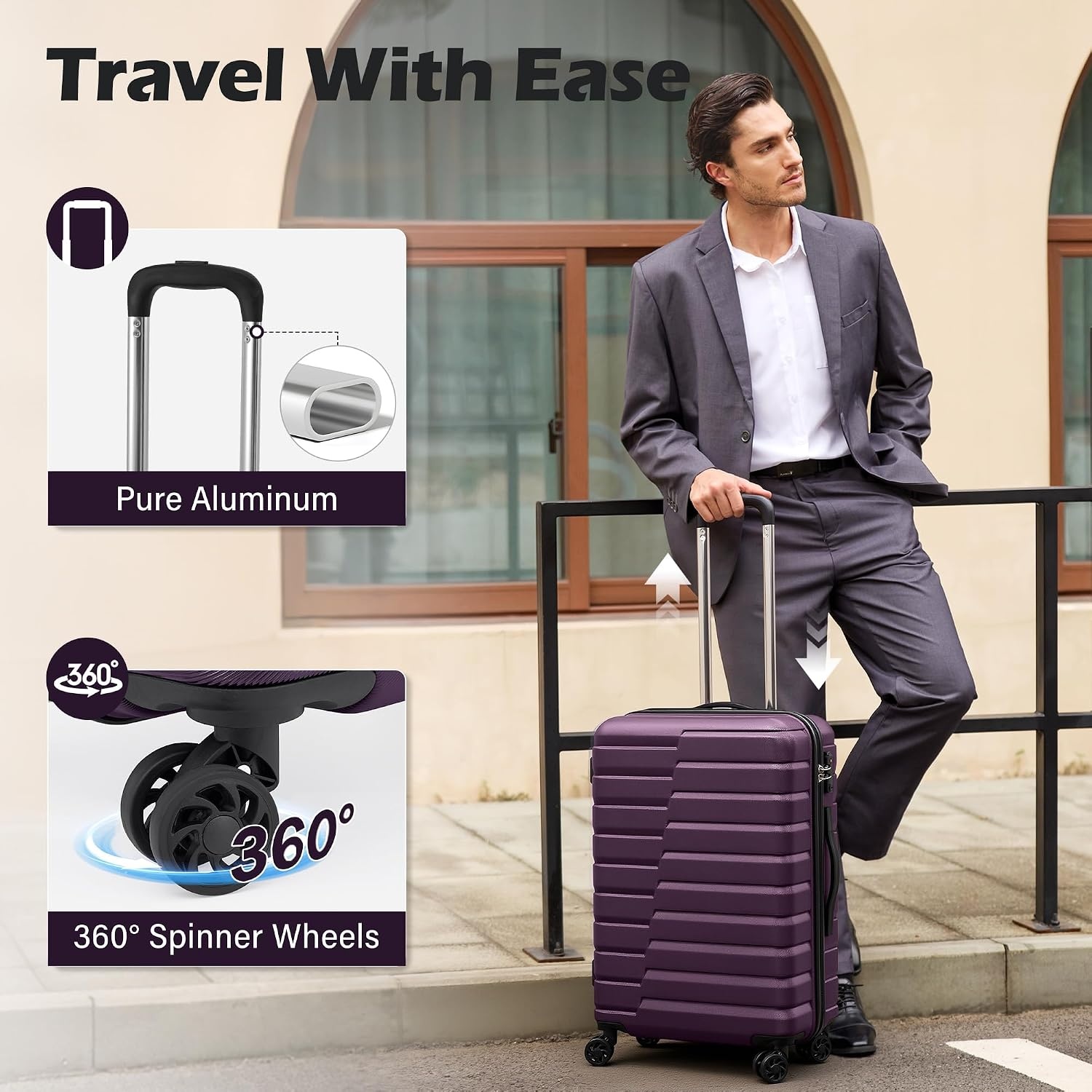 image:imageCoolife Lightweight Luggage with TSA LockMedium Checked Gray Durable Hard Shell Suitcase for Travel360 SmoothRolling Dual Spinner WheelsPurple