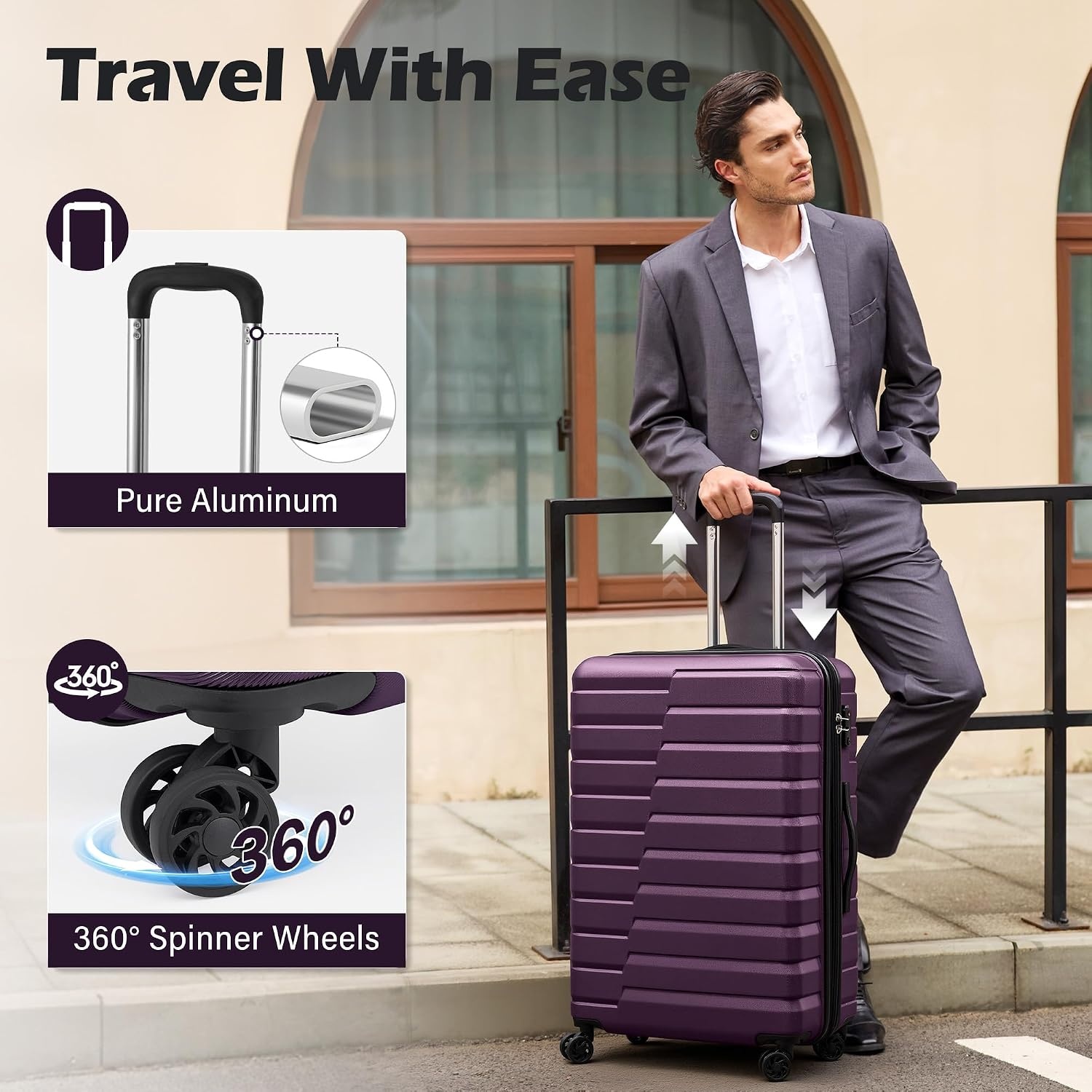 image:imageCoolife Lightweight Luggage with TSA LockMedium Checked Gray Durable Hard Shell Suitcase for Travel360 SmoothRolling Dual Spinner WheelsPurple