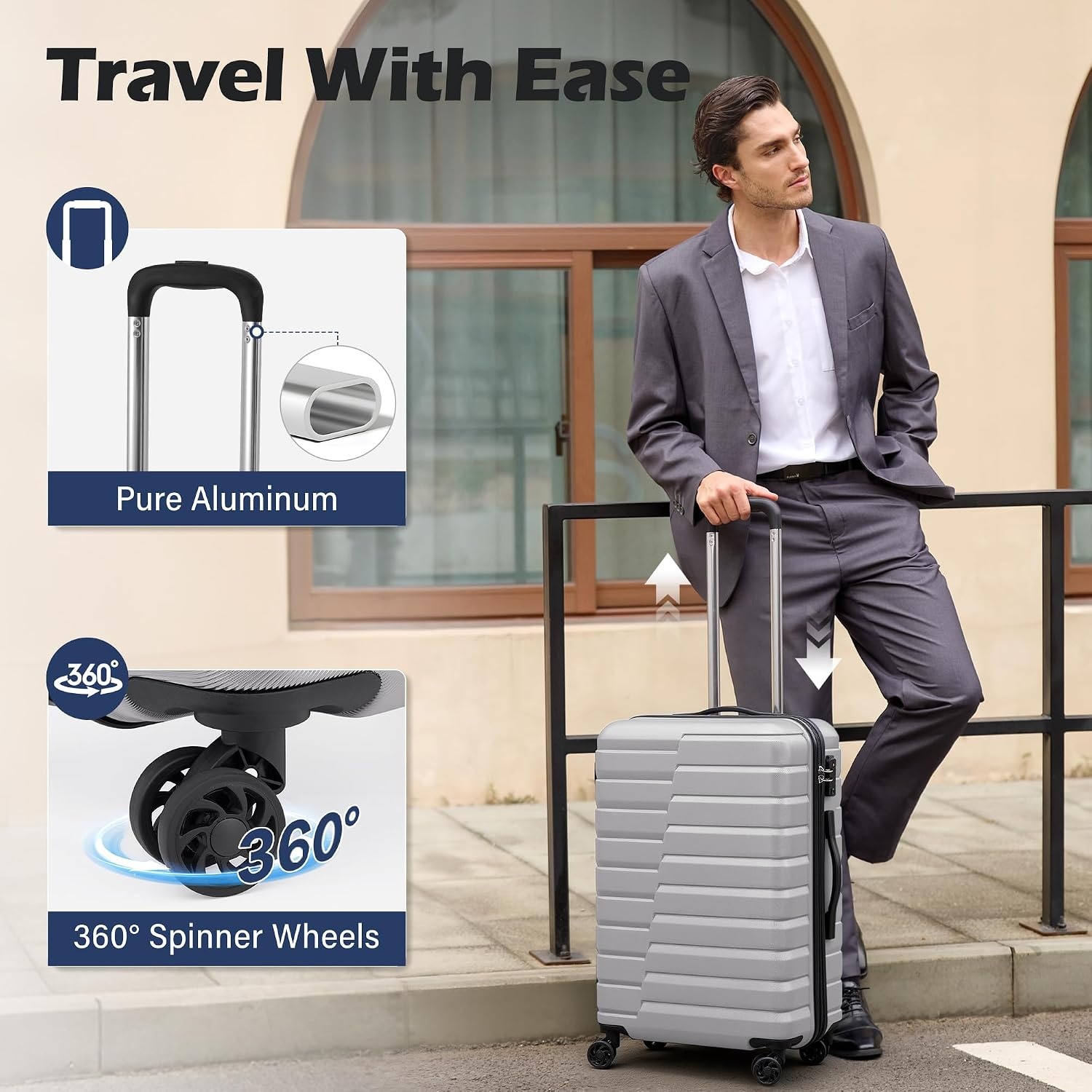 image:imageCoolife Lightweight Luggage with TSA LockMedium Checked Gray Durable Hard Shell Suitcase for Travel360 SmoothRolling Dual Spinner WheelsSilver