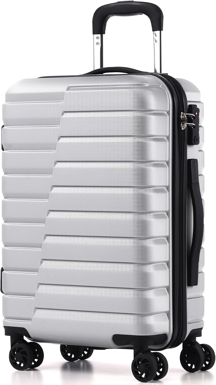 image:imageCoolife Lightweight Luggage with TSA LockMedium Checked Gray Durable Hard Shell Suitcase for Travel360 SmoothRolling Dual Spinner WheelsSilver