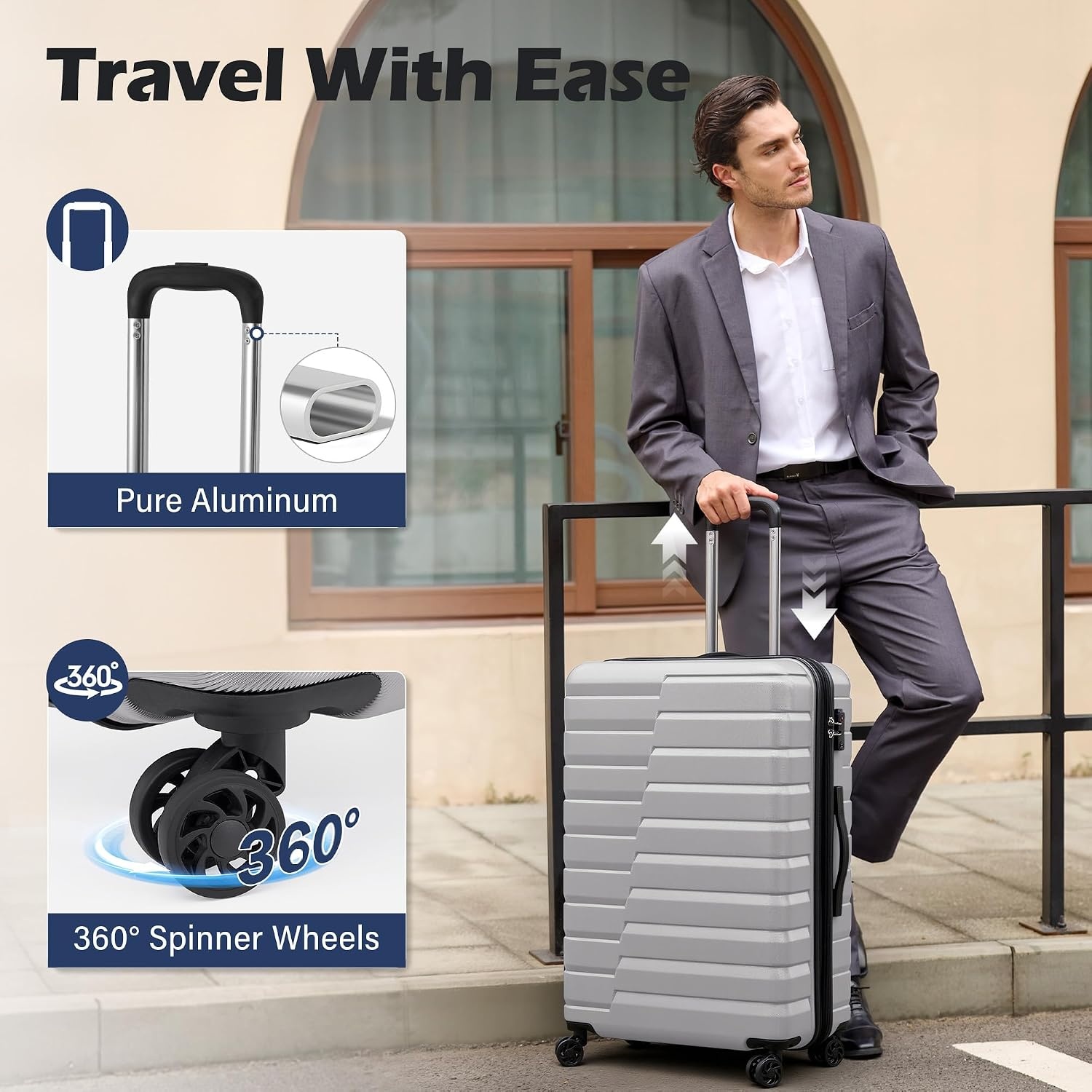 image:imageCoolife Lightweight Luggage with TSA LockMedium Checked Gray Durable Hard Shell Suitcase for Travel360 SmoothRolling Dual Spinner WheelsSilver