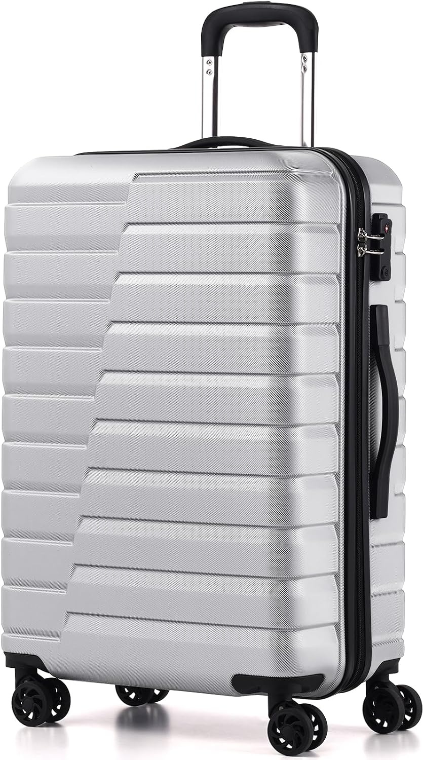 image:imageCoolife Lightweight Luggage with TSA LockMedium Checked Gray Durable Hard Shell Suitcase for Travel360 SmoothRolling Dual Spinner WheelsSilver