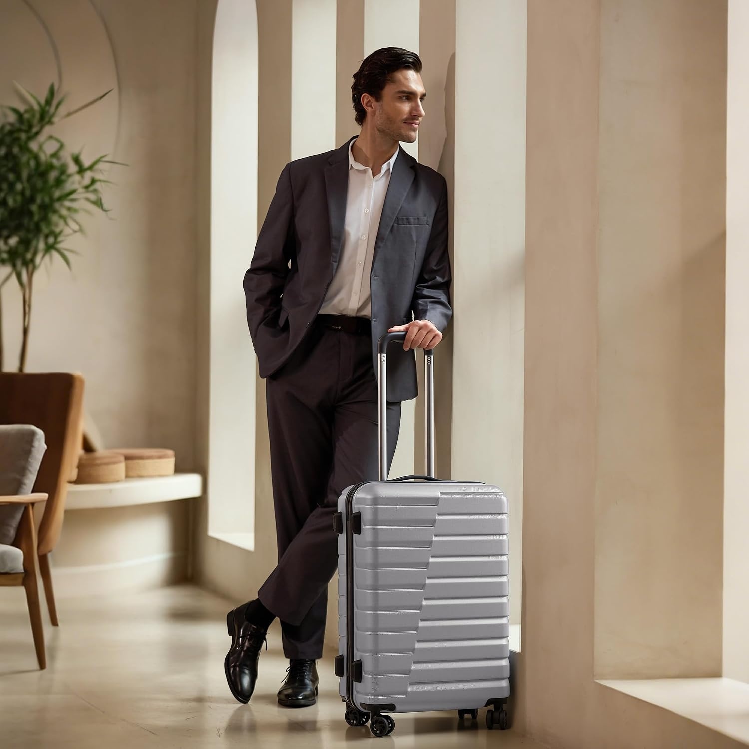 image:imageCoolife Lightweight Luggage with TSA LockMedium Checked Gray Durable Hard Shell Suitcase for Travel360 SmoothRolling Dual Spinner WheelsSilver