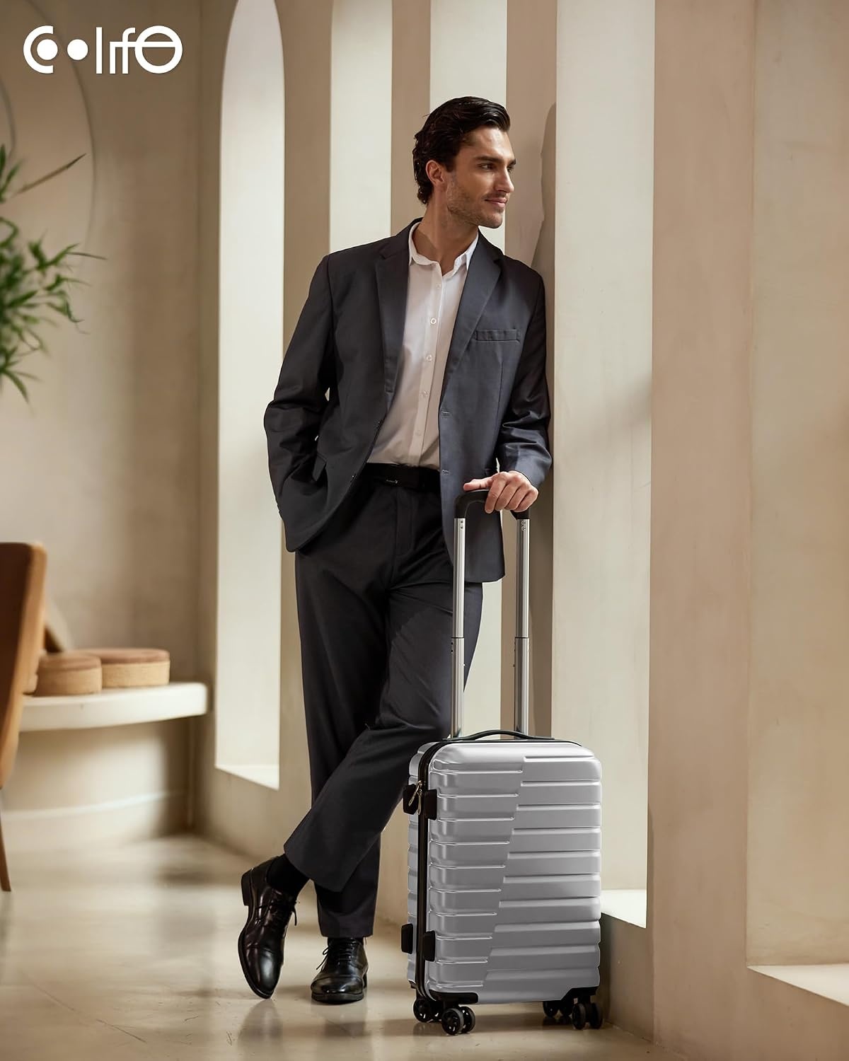 image:imageCoolife Lightweight Luggage with TSA LockMedium Checked Gray Durable Hard Shell Suitcase for Travel360 SmoothRolling Dual Spinner WheelsSilver