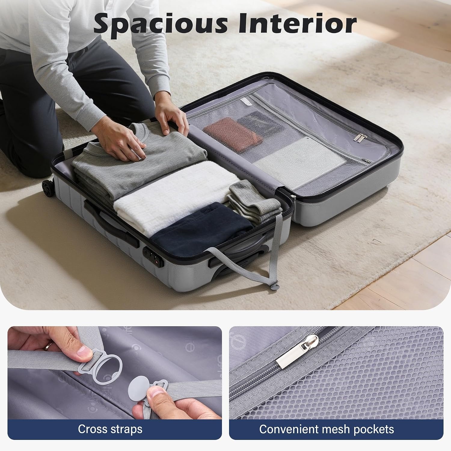 image:imageCoolife Lightweight Luggage with TSA LockMedium Checked Gray Durable Hard Shell Suitcase for Travel360 SmoothRolling Dual Spinner WheelsSilver