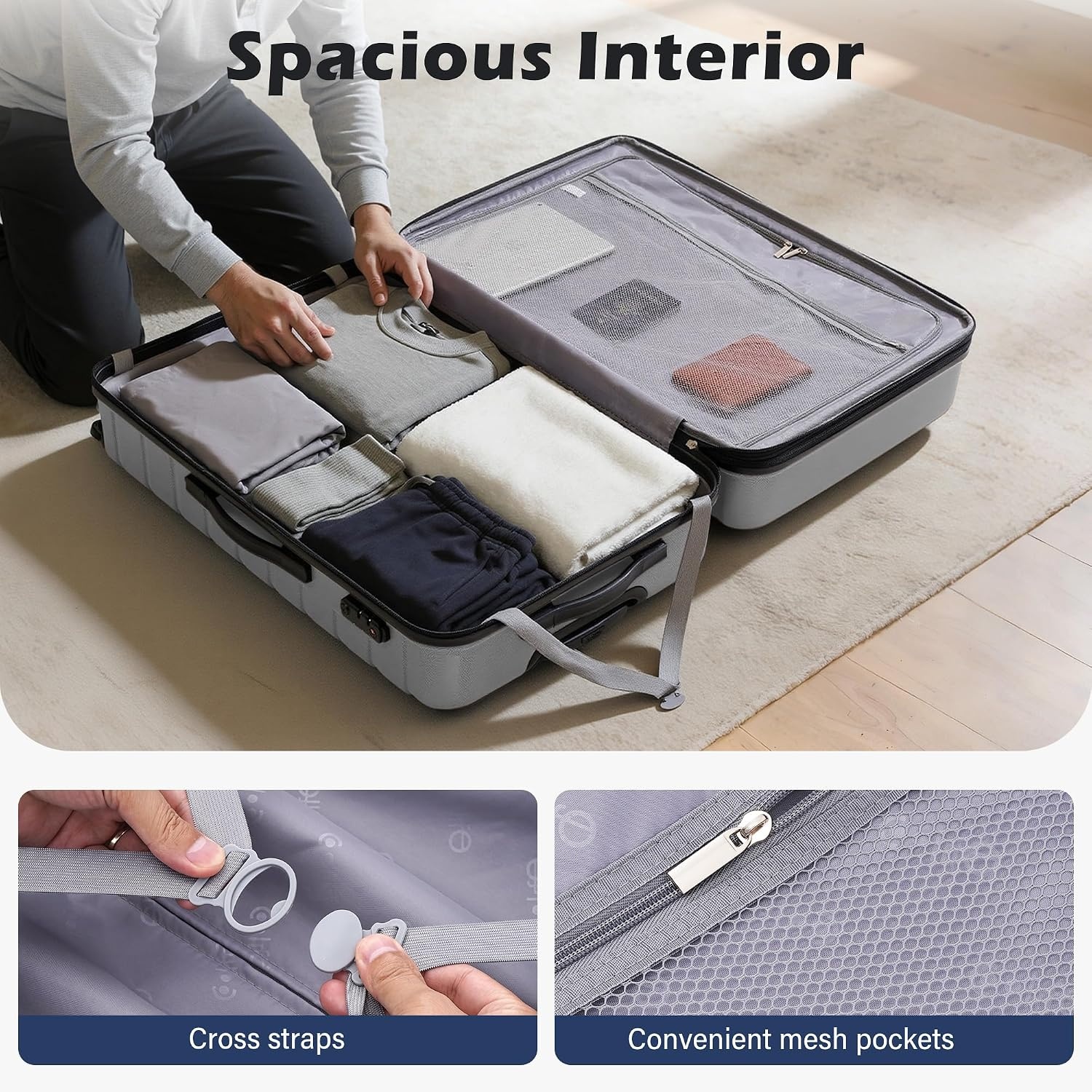 image:imageCoolife Lightweight Luggage with TSA LockMedium Checked Gray Durable Hard Shell Suitcase for Travel360 SmoothRolling Dual Spinner WheelsSilver