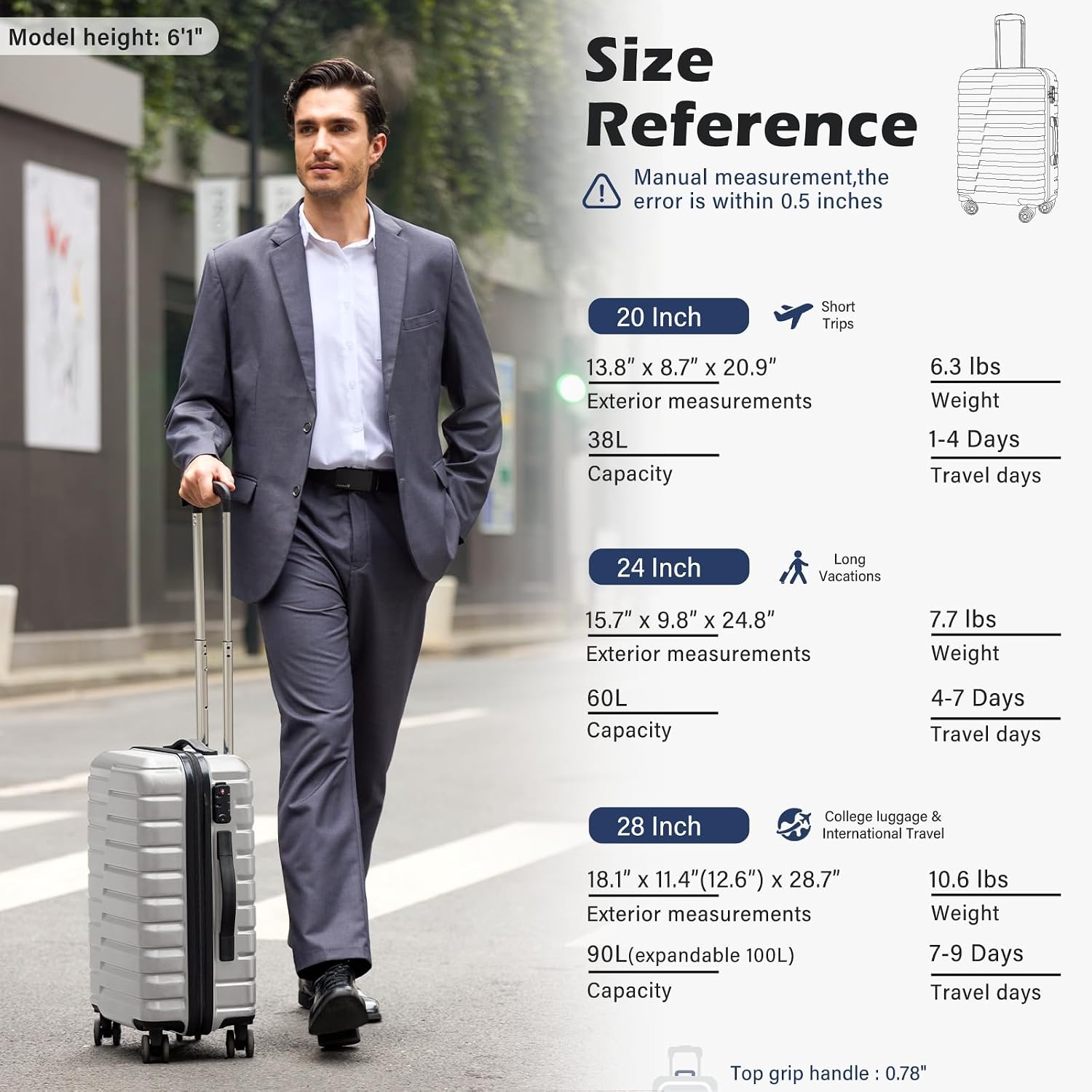 image:imageCoolife Lightweight Luggage with TSA LockMedium Checked Gray Durable Hard Shell Suitcase for Travel360 SmoothRolling Dual Spinner WheelsSilver