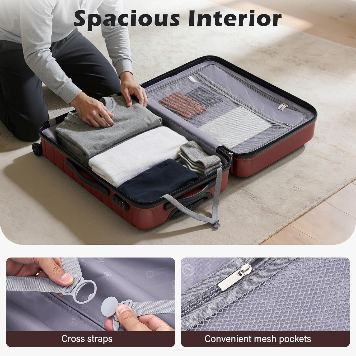image:imageCoolife Lightweight Luggage with TSA LockMedium Checked Gray Durable Hard Shell Suitcase for Travel360 SmoothRolling Dual Spinner WheelsWine Red