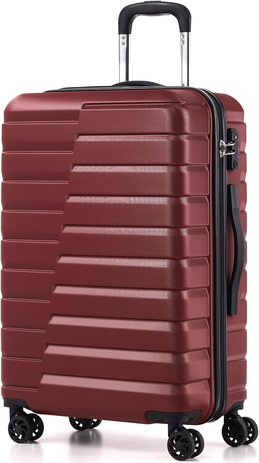 image:imageCoolife Lightweight Luggage with TSA LockMedium Checked Gray Durable Hard Shell Suitcase for Travel360 SmoothRolling Dual Spinner WheelsWine Red