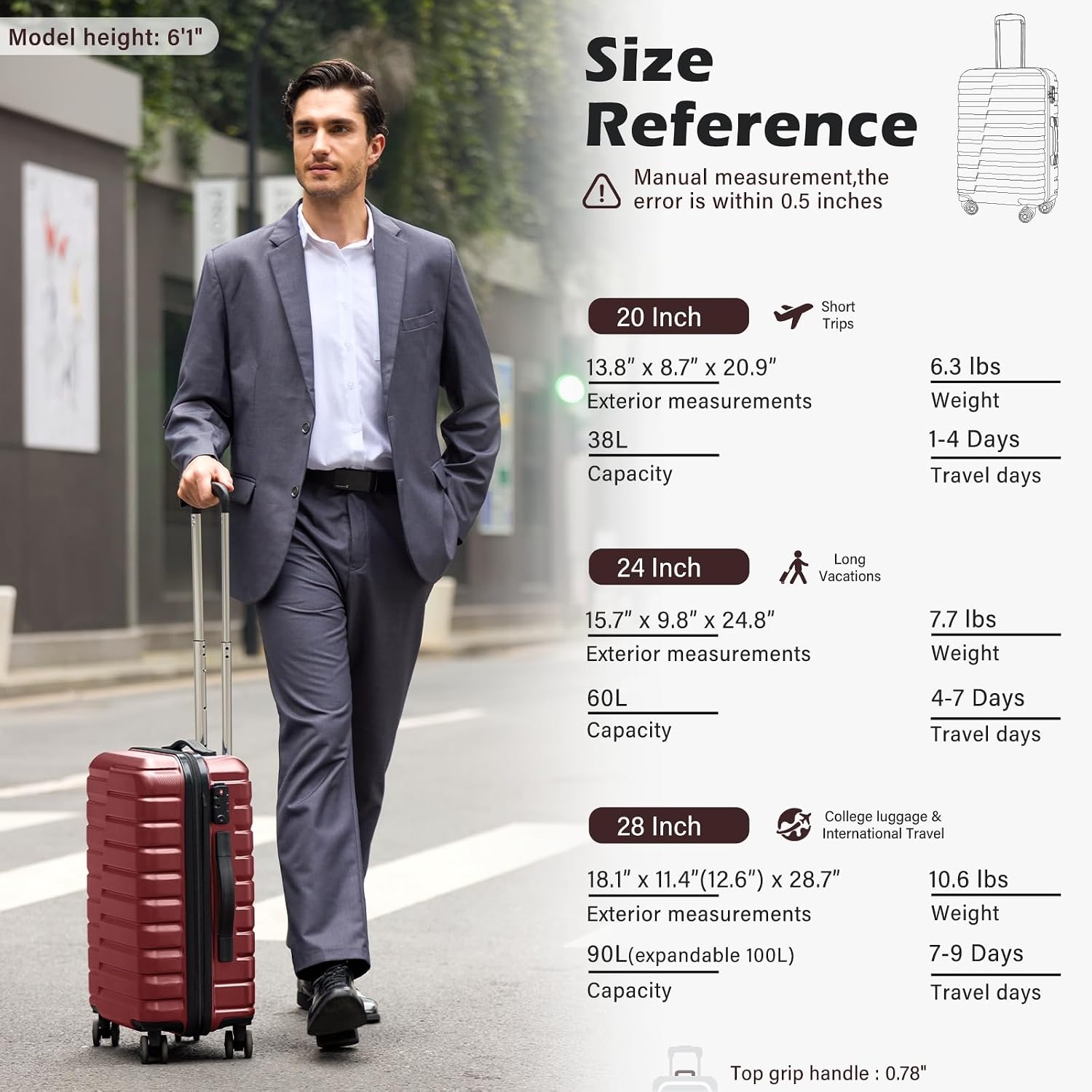 image:imageCoolife Lightweight Luggage with TSA LockMedium Checked Gray Durable Hard Shell Suitcase for Travel360 SmoothRolling Dual Spinner WheelsWine Red