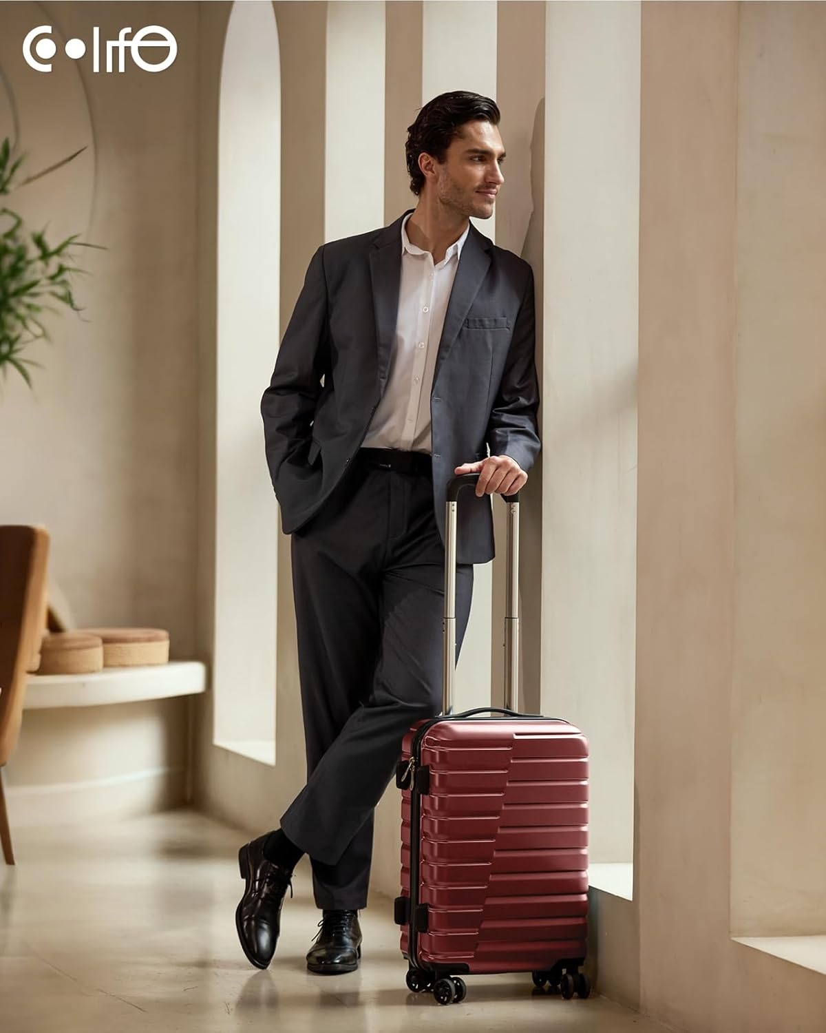 image:imageCoolife Lightweight Luggage with TSA LockMedium Checked Gray Durable Hard Shell Suitcase for Travel360 SmoothRolling Dual Spinner WheelsWine Red