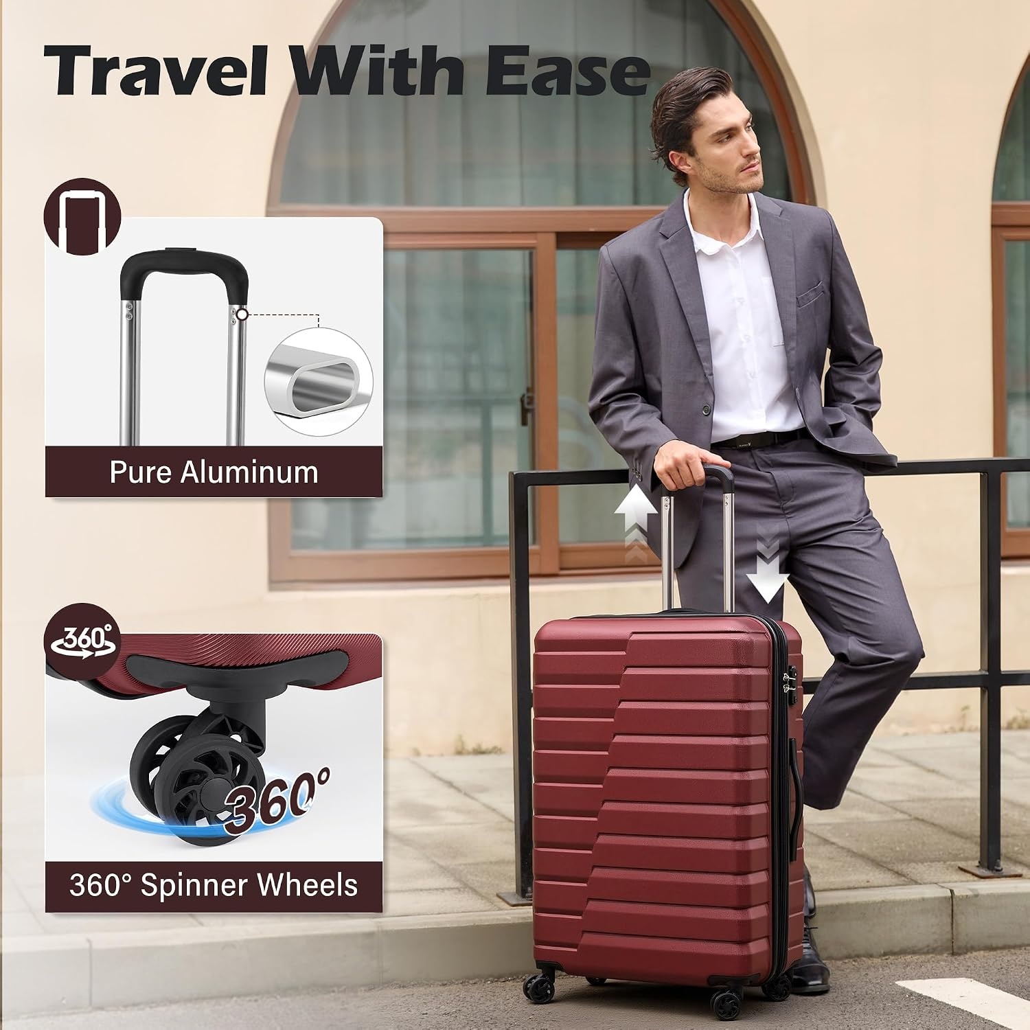 image:imageCoolife Lightweight Luggage with TSA LockMedium Checked Gray Durable Hard Shell Suitcase for Travel360 SmoothRolling Dual Spinner WheelsWine Red