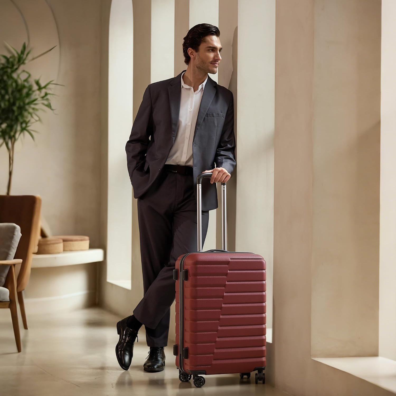image:imageCoolife Lightweight Luggage with TSA LockMedium Checked Gray Durable Hard Shell Suitcase for Travel360 SmoothRolling Dual Spinner WheelsWine Red