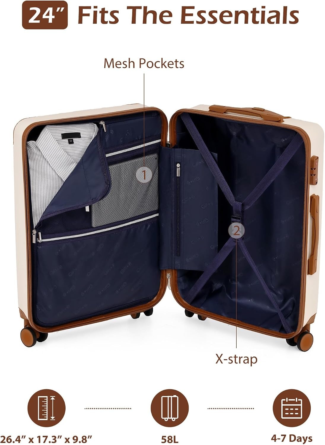image:imageCoolife Luggage Lightweight and Durable Hardshell 24 in wine wind new Checked Suitcase with PCABS Hardshell 360 Dual Spinner Wheels TSA Lock YKK Zipper and Aluminum Handleapricot white
