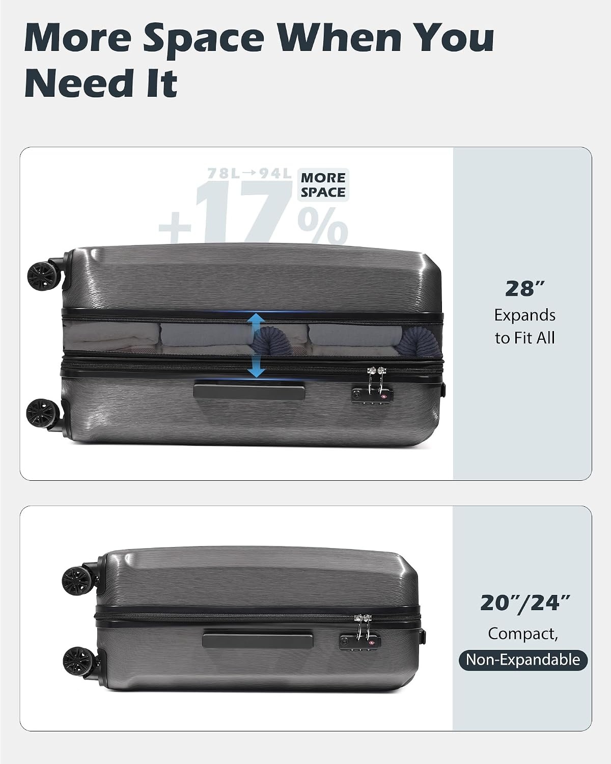 image:imageCoolife PCABS Hardshell Luggage TSA Lock Spinner Wheels 24in Checked PCABS hardshell scratchresistant 360 silent spinner wheels YKK zippers TSA lock aluminum handlegrey