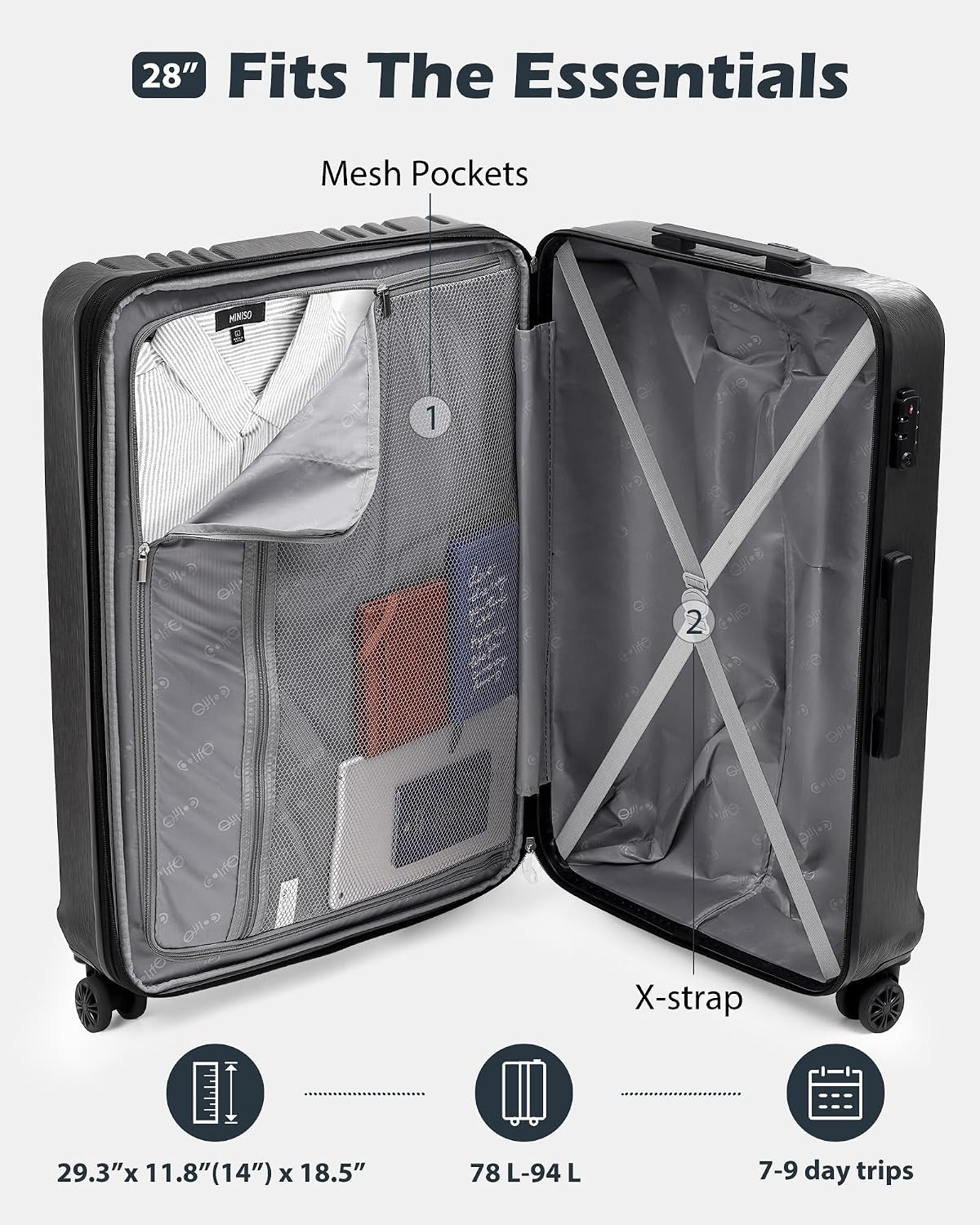 image:imageCoolife PCABS Hardshell Luggage TSA Lock Spinner Wheels 24in Checked PCABS hardshell scratchresistant 360 silent spinner wheels YKK zippers TSA lock aluminum handleice blue