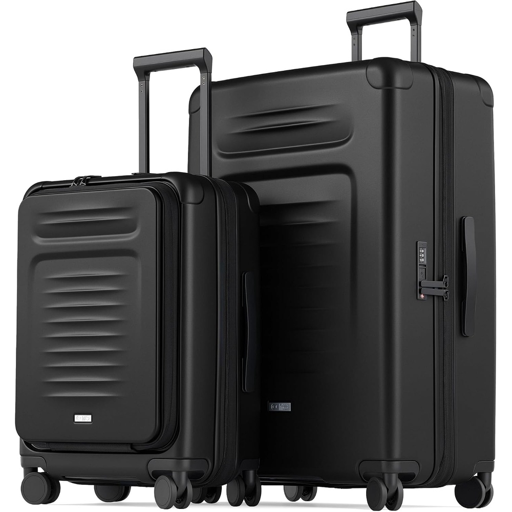 image:imageCoolife Expandable Luggage with TSA Lock 2 Piece Set Black Suitcase Set with 360 SmoothRolling Dual SpinnerDurable Hardshell SuitcasesReinforced Bottom GrooveBlack