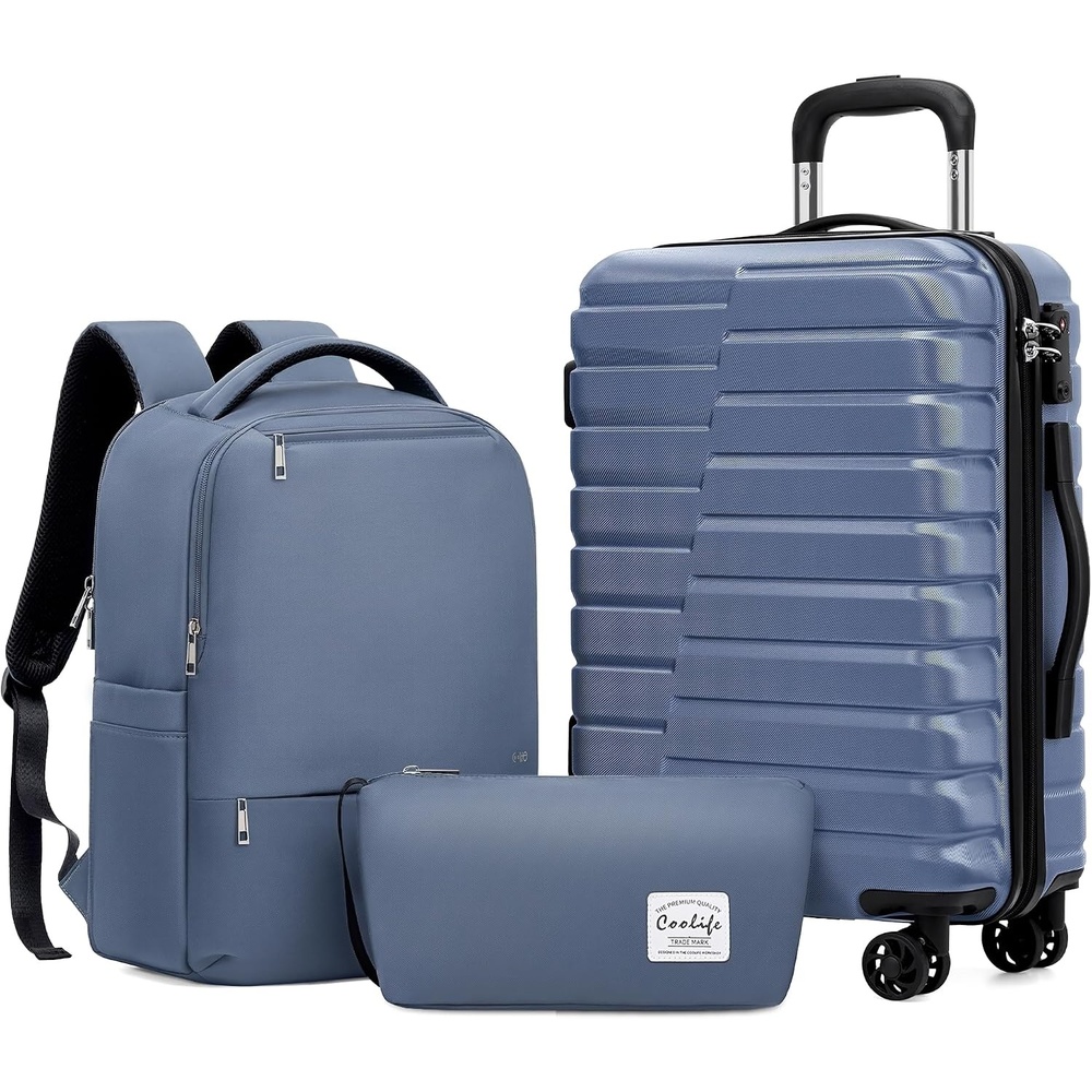 image:imageCoolife Lightweight Luggage with TSA LockMedium Checked Gray Durable Hard Shell Suitcase for Travel360 SmoothRolling Dual Spinner WheelsBlue
