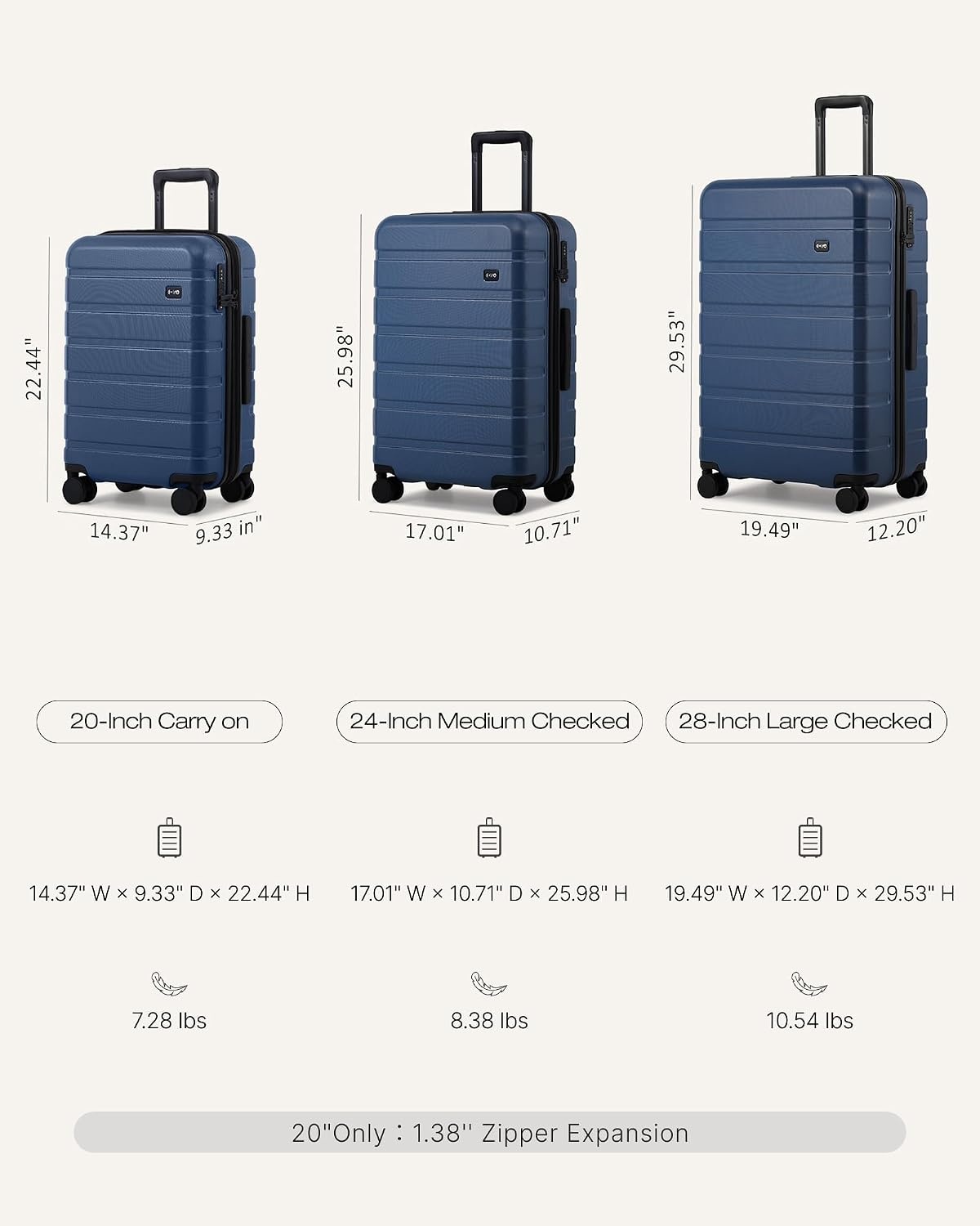 image:imageCoolife Luggage Set Lightweight Durable Hardshell 3 piece Apple Green suitcase set with 360 Spinner Wheels TSAapproved Lock Checked Family Travel 202428 InchNavy Blue